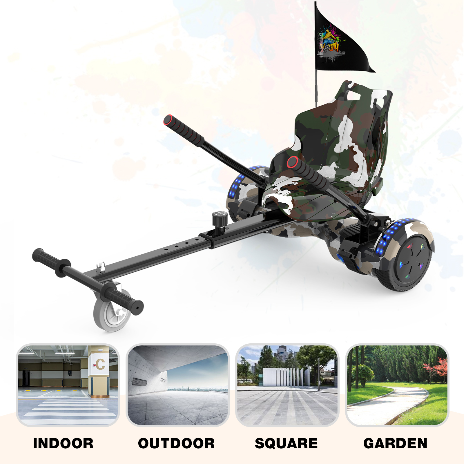 Accessorio hoverboard in una scena del giardino. Sedile mimetico, bandiera e quattro icone di posizione: interno, esterno, piazza, giardino.
