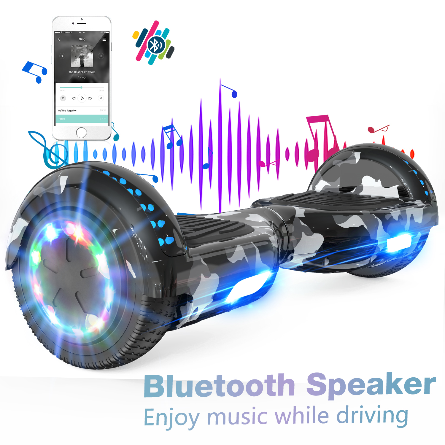 Un hoverboard bianco e nero con luci blu, con un telefono che mostra musica e note musicali.
