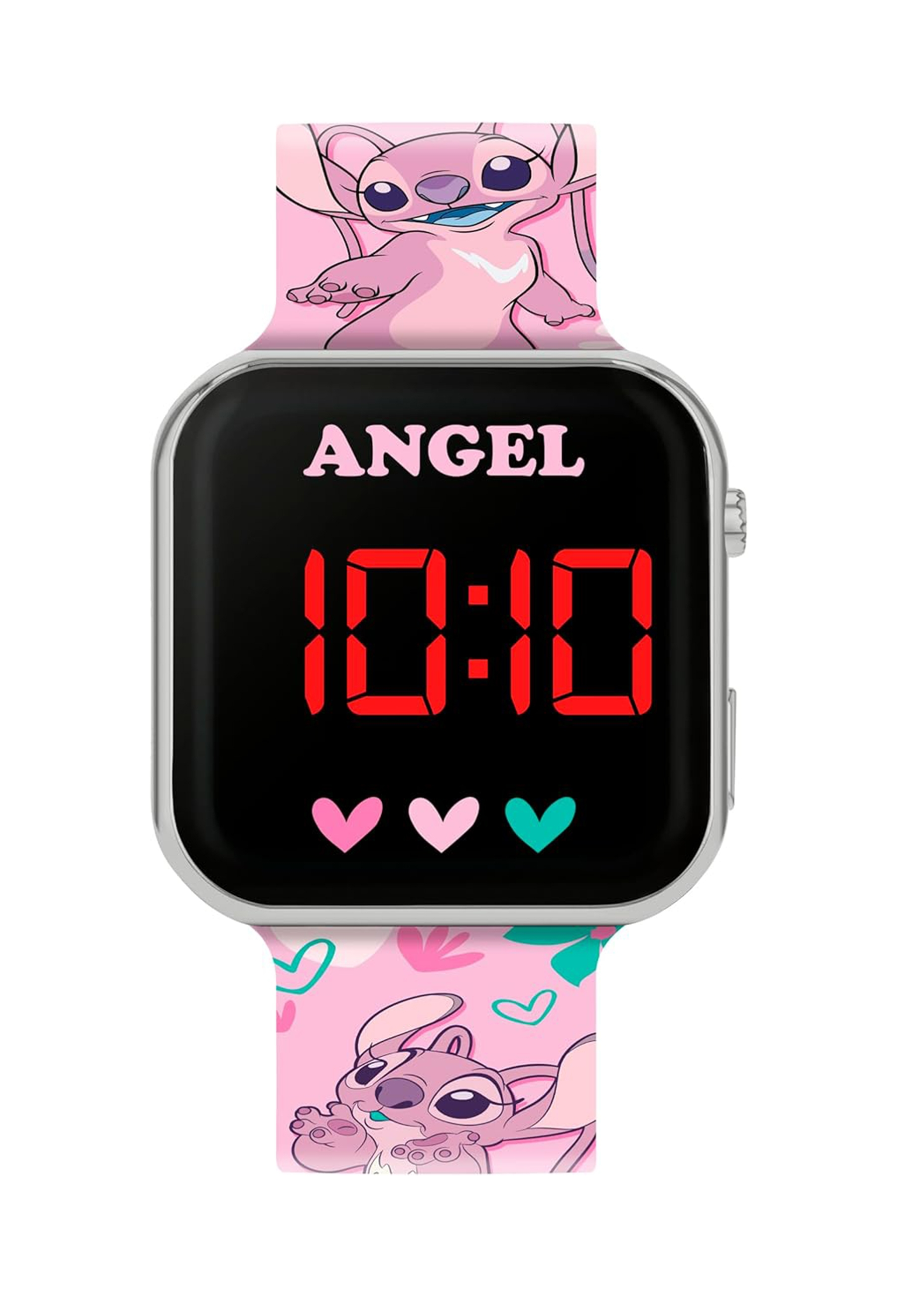 Montre rose Angel. Heure : 10h10. Bracelet rose avec personnages Angel.