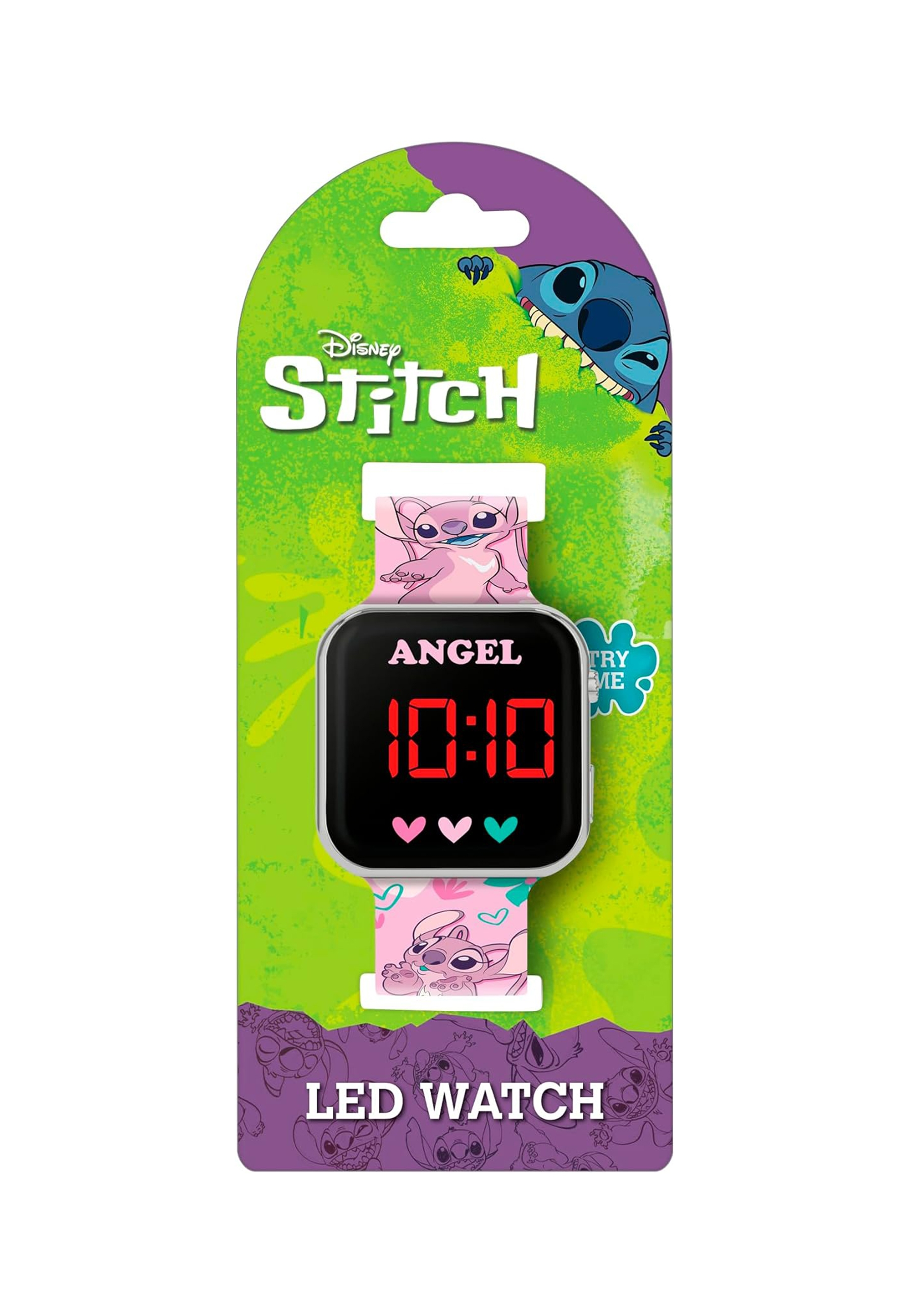 Montre LED numérique en emballage avec design Stitch, affichant 10:10.