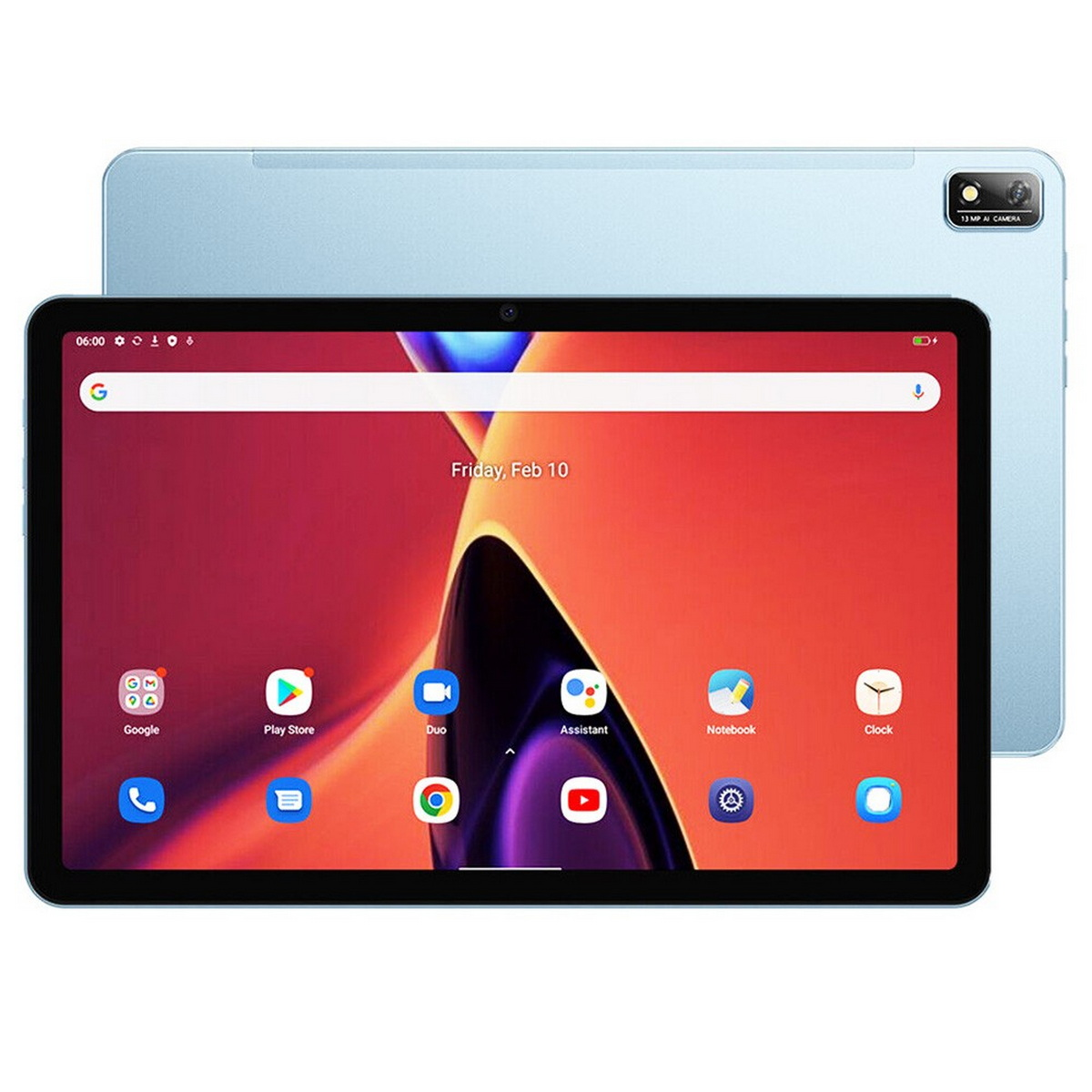 Ein Tablet mit roter und oranger Anzeige wird von vorne und hinten gezeigt.