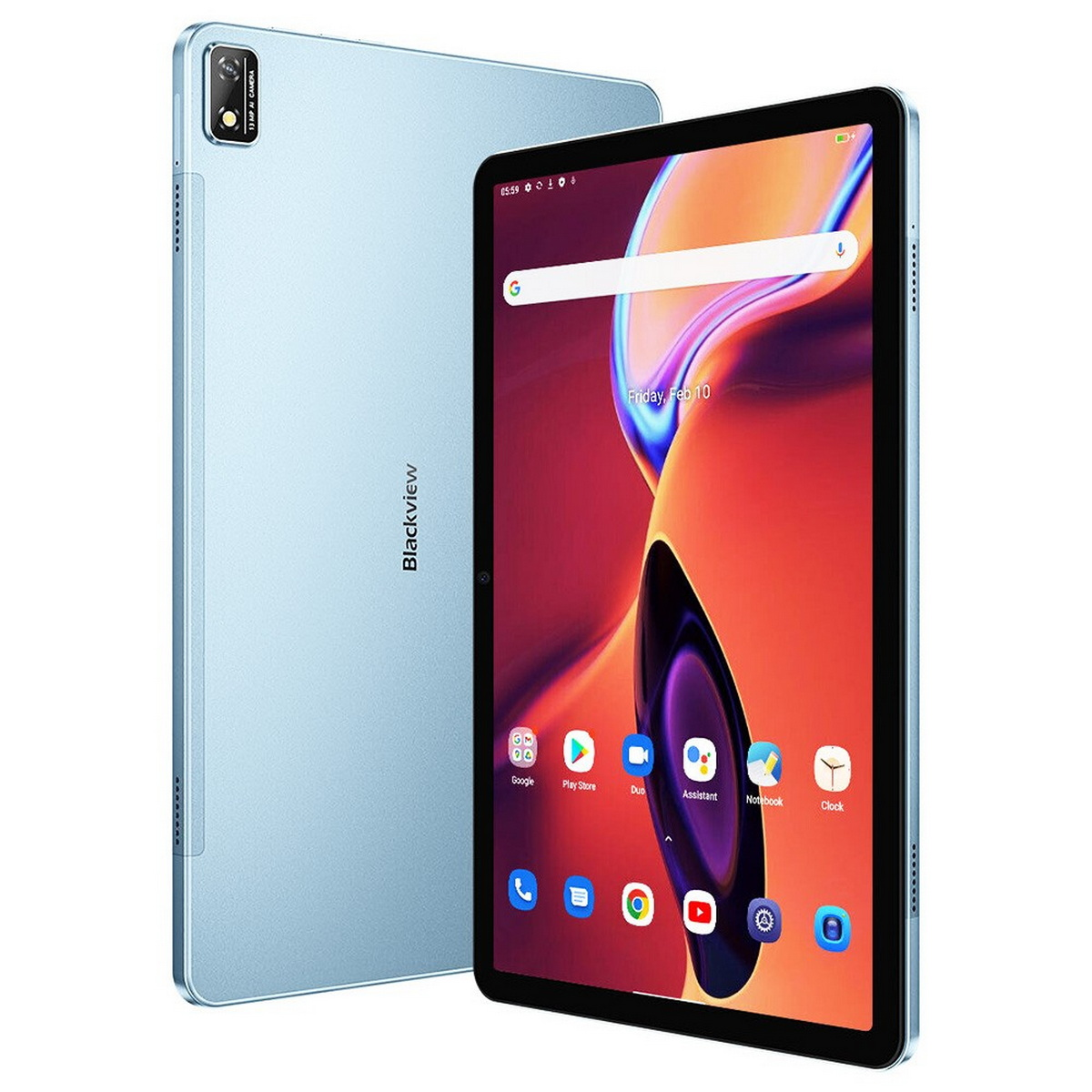 Zwei Tablets, eines hellblau, das andere mit einem Bildschirm. Der Bildschirm zeigt Apps und Zeit.