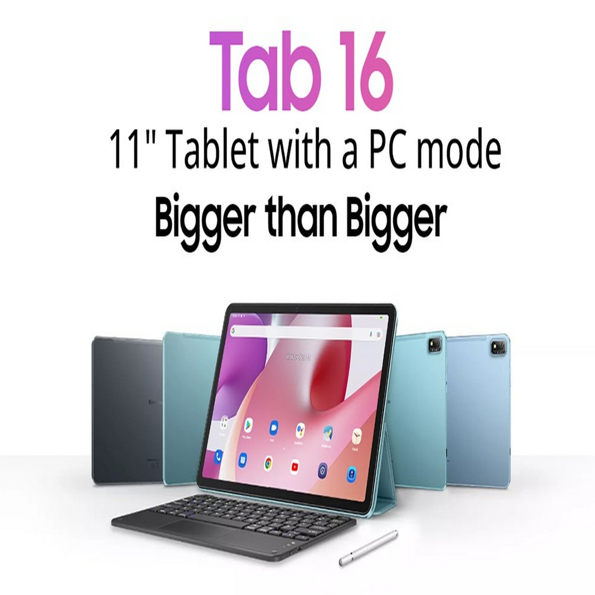 Tablets mit Tastatur und Stift. Text: Tab 16, 11" Tablet mit PC-Modus.