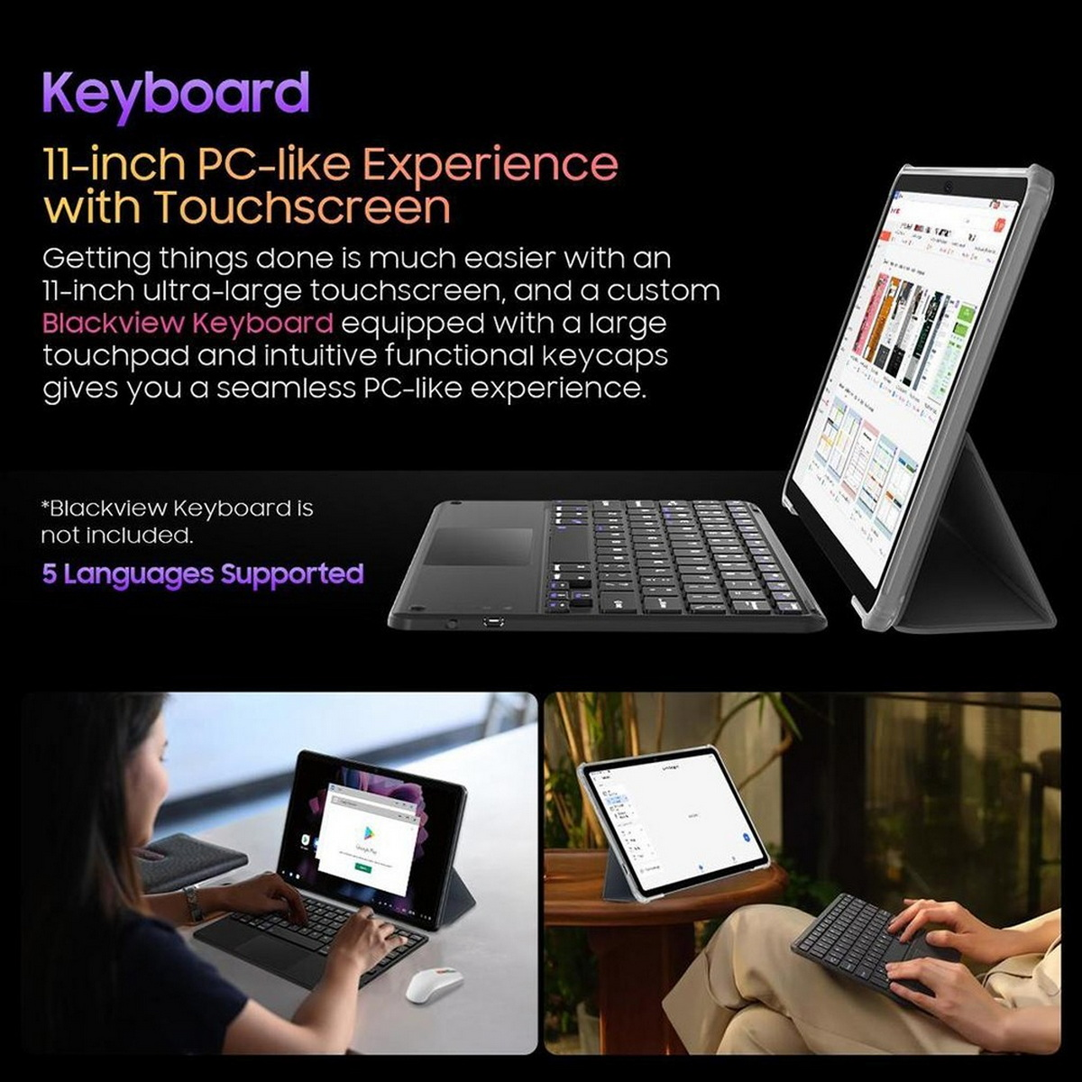 Tablet mit Tastatur, Person, die es benutzt, und Produkttext.