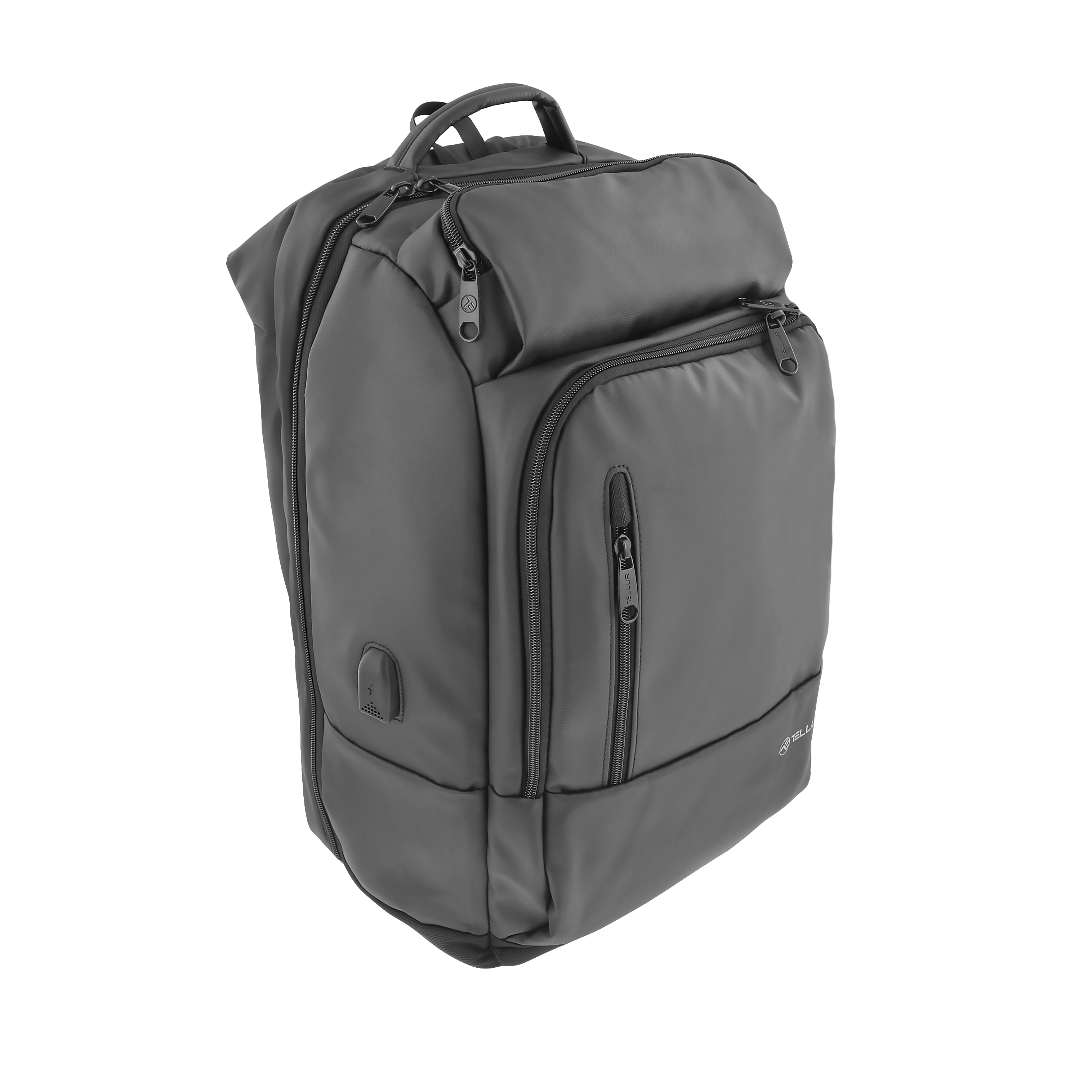 Szary plecak z wieloma przegrodami zapinanymi na zamek. Uchwyt na górze, widok z boku. Białe tło.