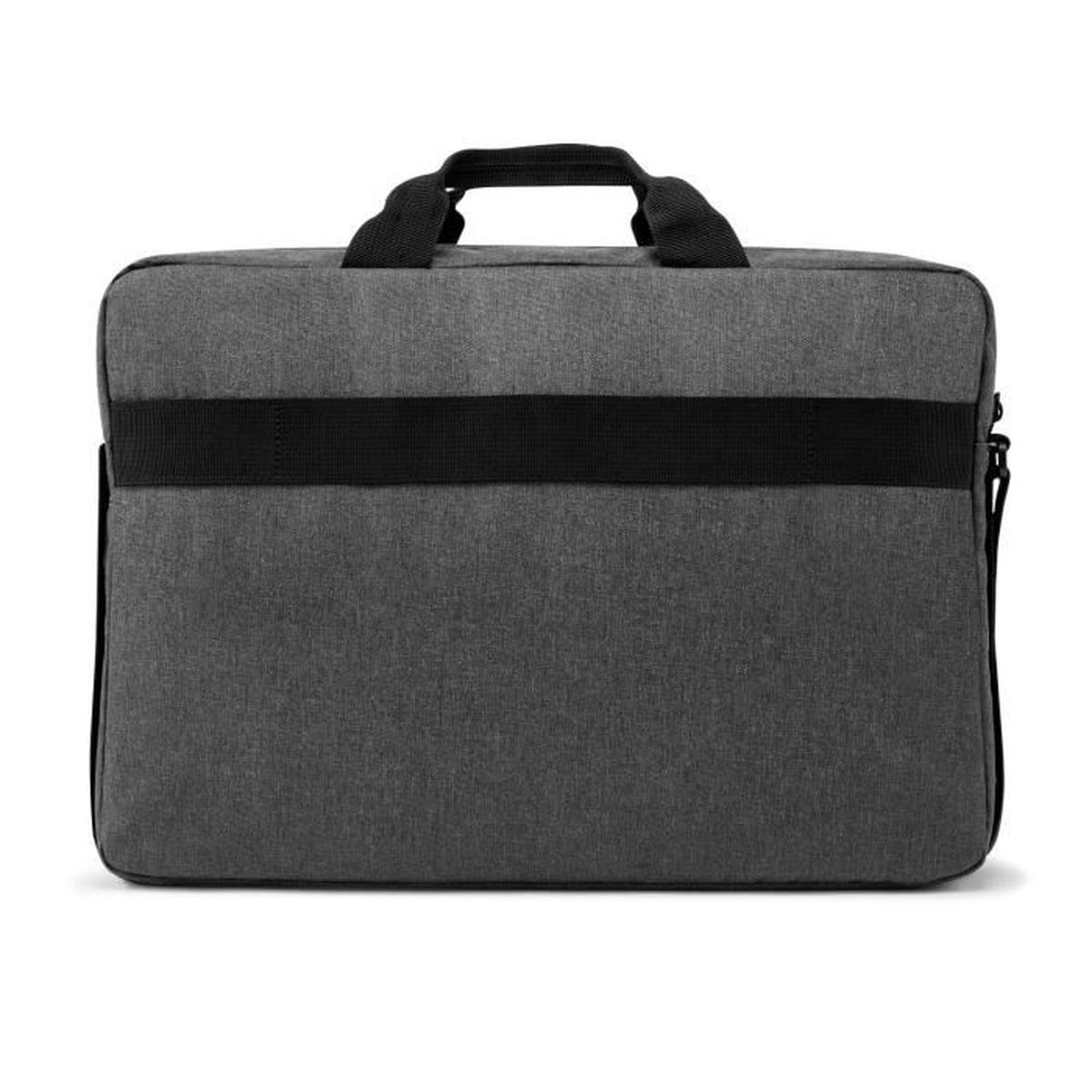Szara torba na laptopa z czarnym paskiem, czarną obwódką i białym tłem.