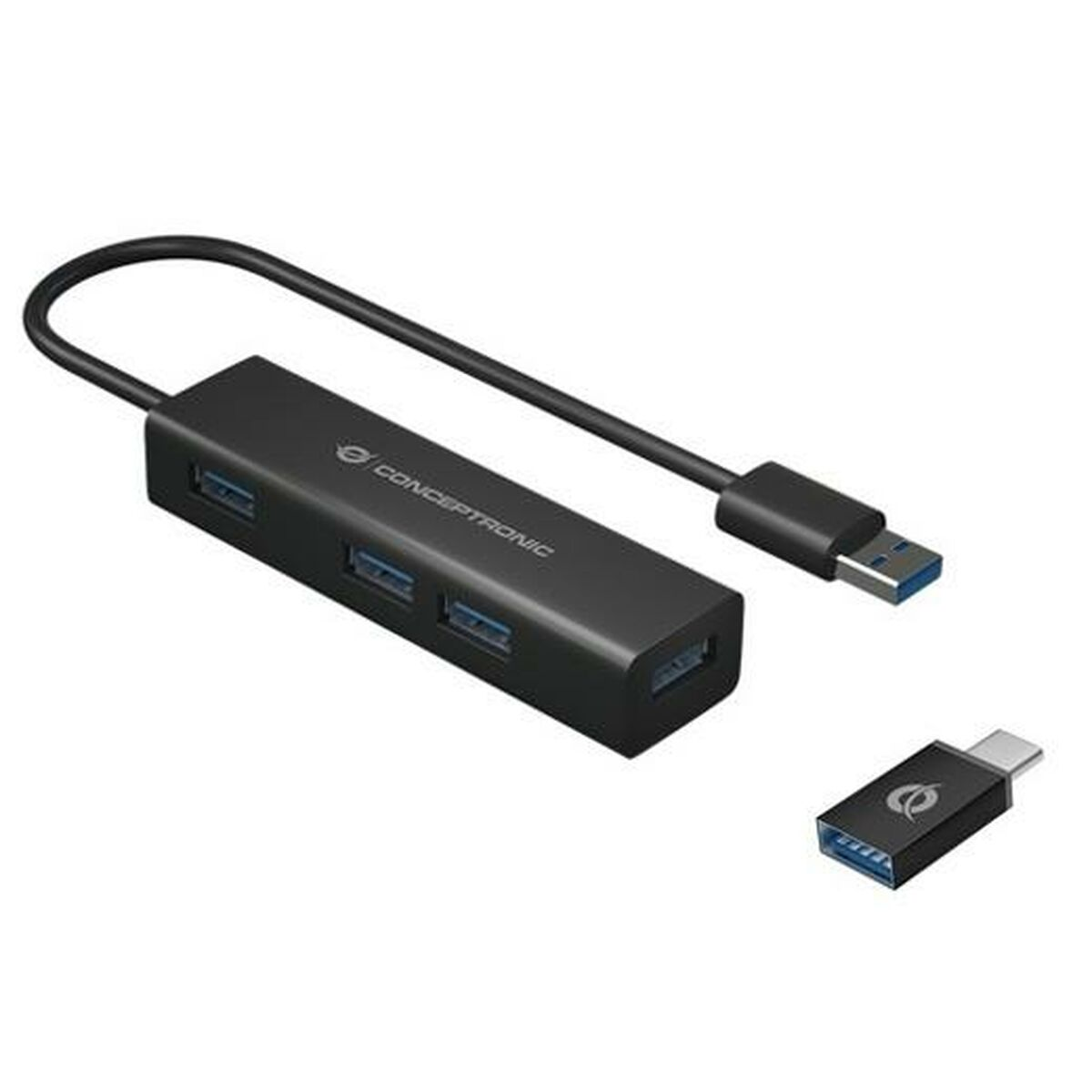 Un hub USB CONCEPTRONIC nero e un adattatore USB più piccolo su sfondo bianco.