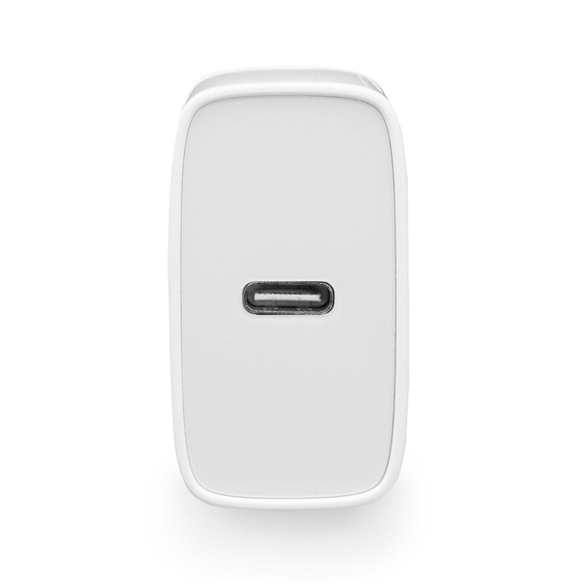 Un adattatore di alimentazione bianco con una porta USB-C. Ha una forma rettangolare e bordi arrotondati.