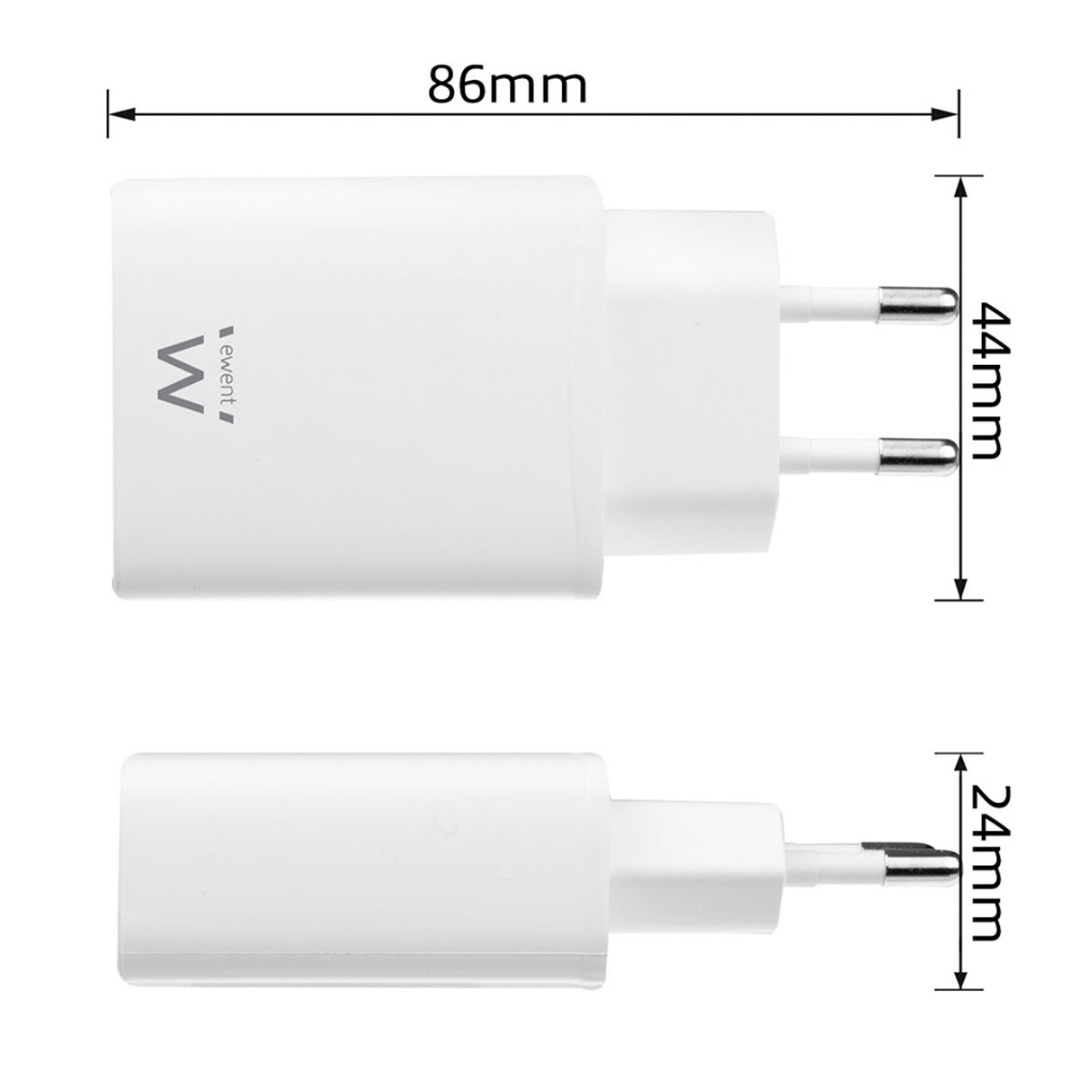 Caricabatterie bianco con due pin. Le dimensioni sono indicate accanto al caricabatterie in mm.