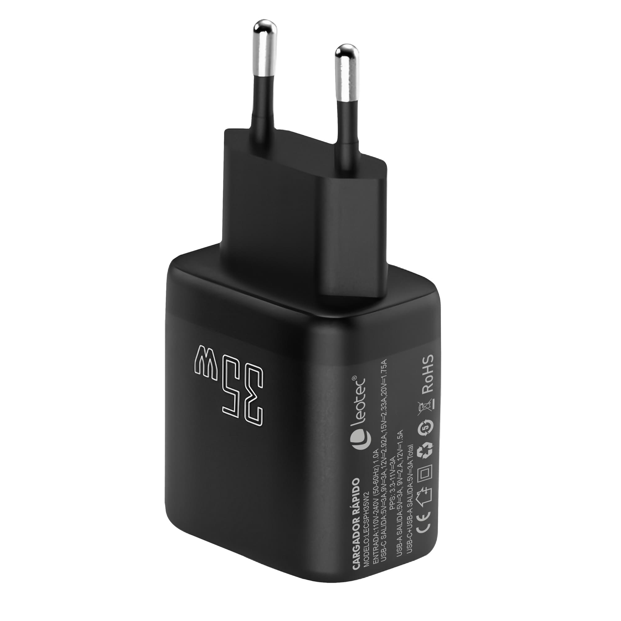 Cargador USB negro de 35W con dos clavijas. La marca y especificaciones están impresas.