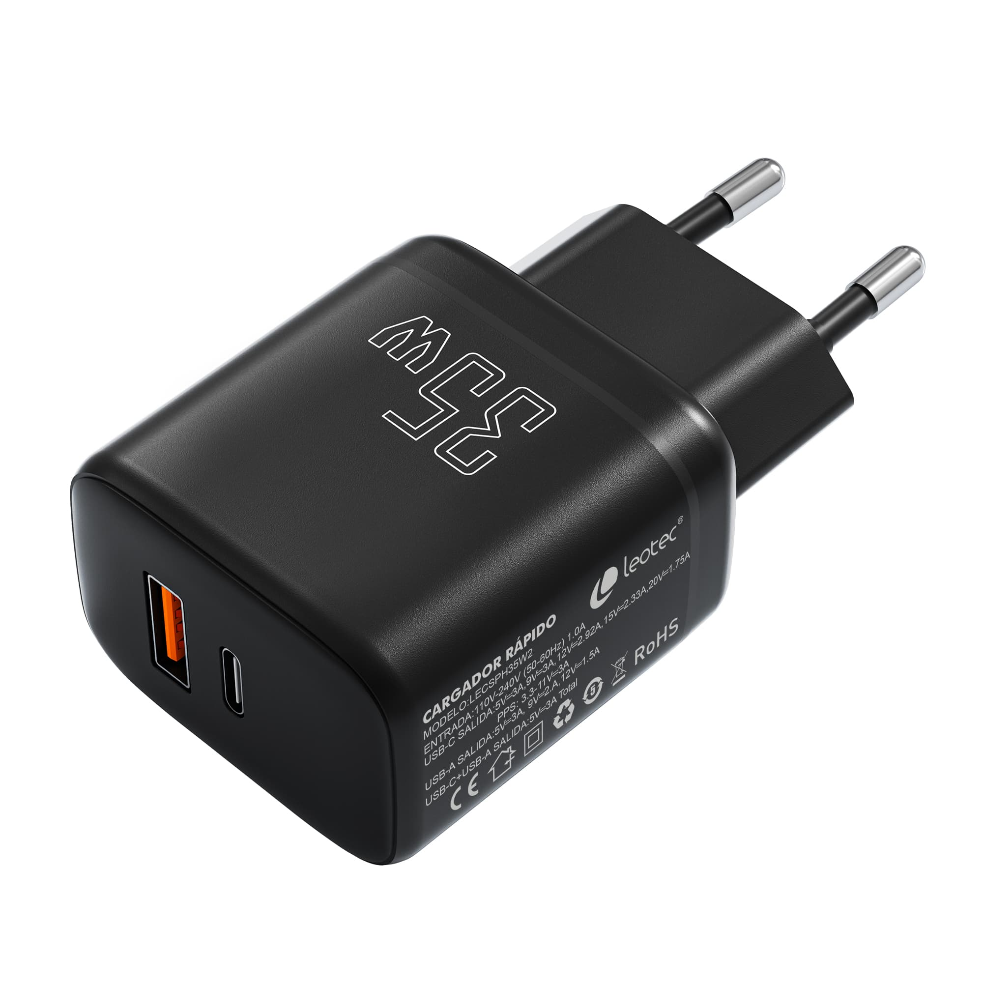 Cargador negro de 35W con dos clavijas y puerto USB-C sobre fondo blanco.