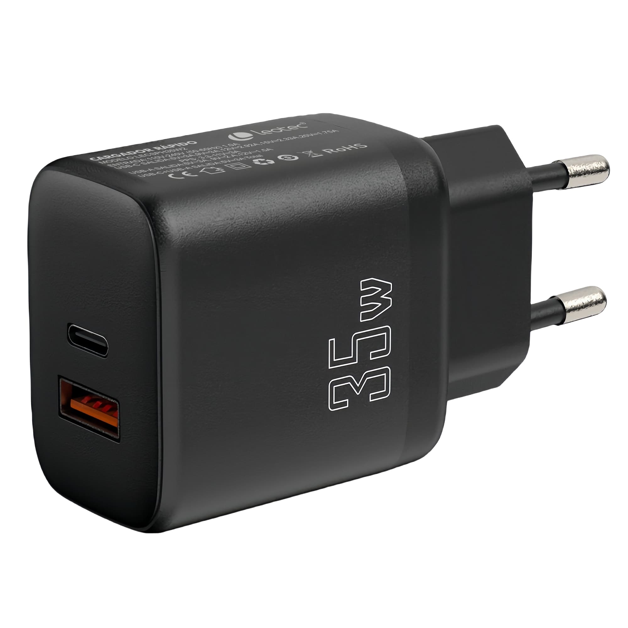 Cargador negro de 35W con puertos USB-C y USB. Tiene un enchufe y el nombre de la marca.