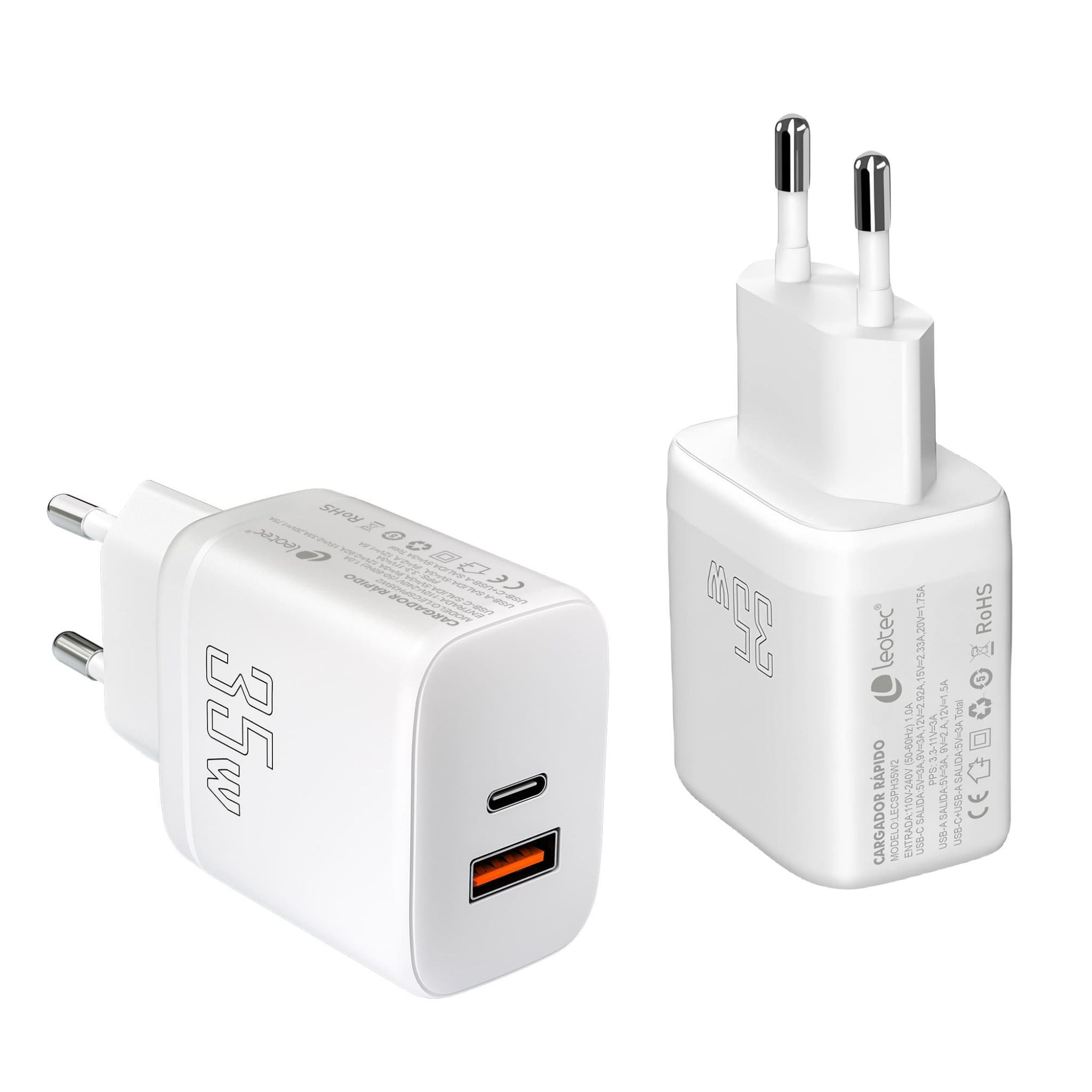 Dos cargadores blancos de 55W, con puertos USB y USB-C, vista en ángulo.