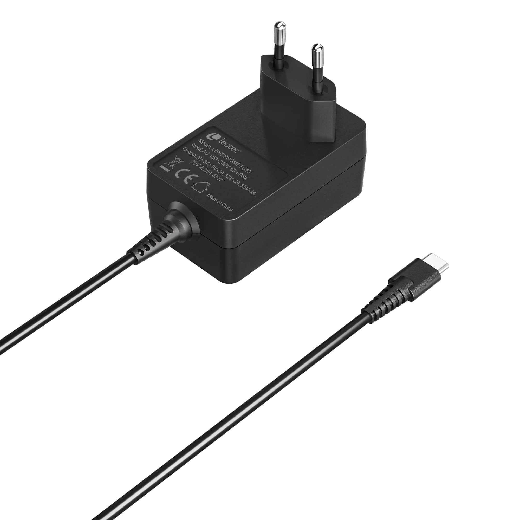 Un adaptador de corriente negro con cable y conector USB-C.