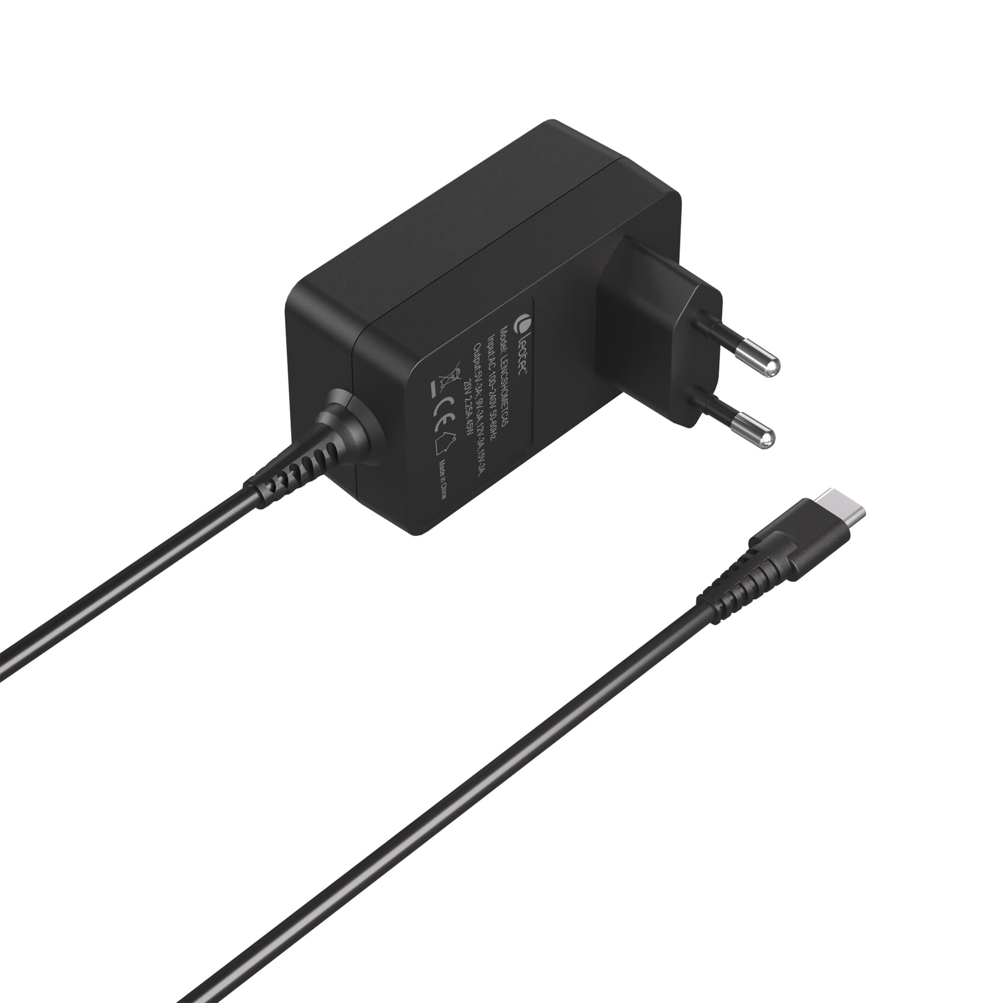 Adaptador de corriente negro con cable adjunto y cable USB-C separado, sobre fondo blanco.