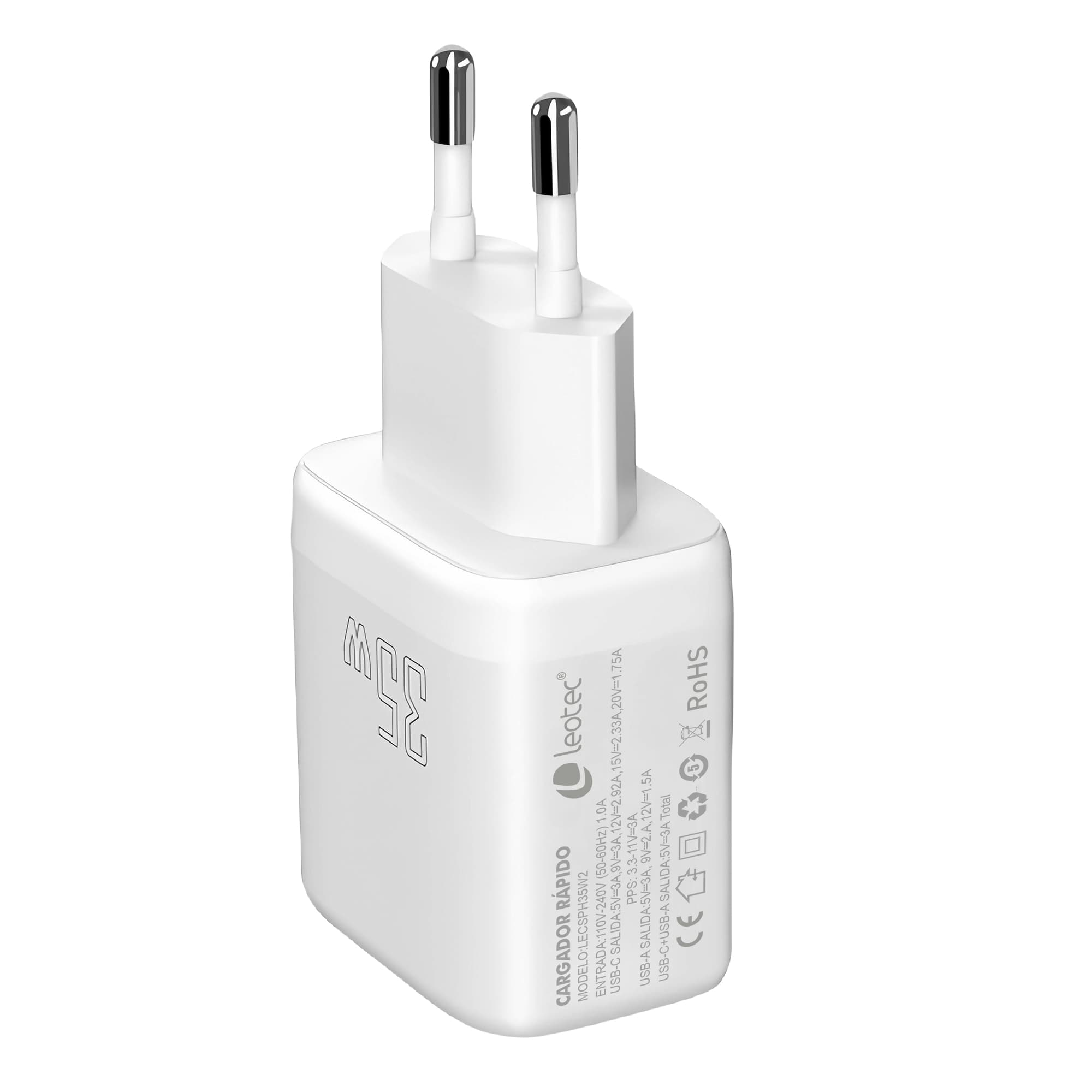 Cargador blanco con dos clavijas metálicas. El cargador tiene 25W escrito.