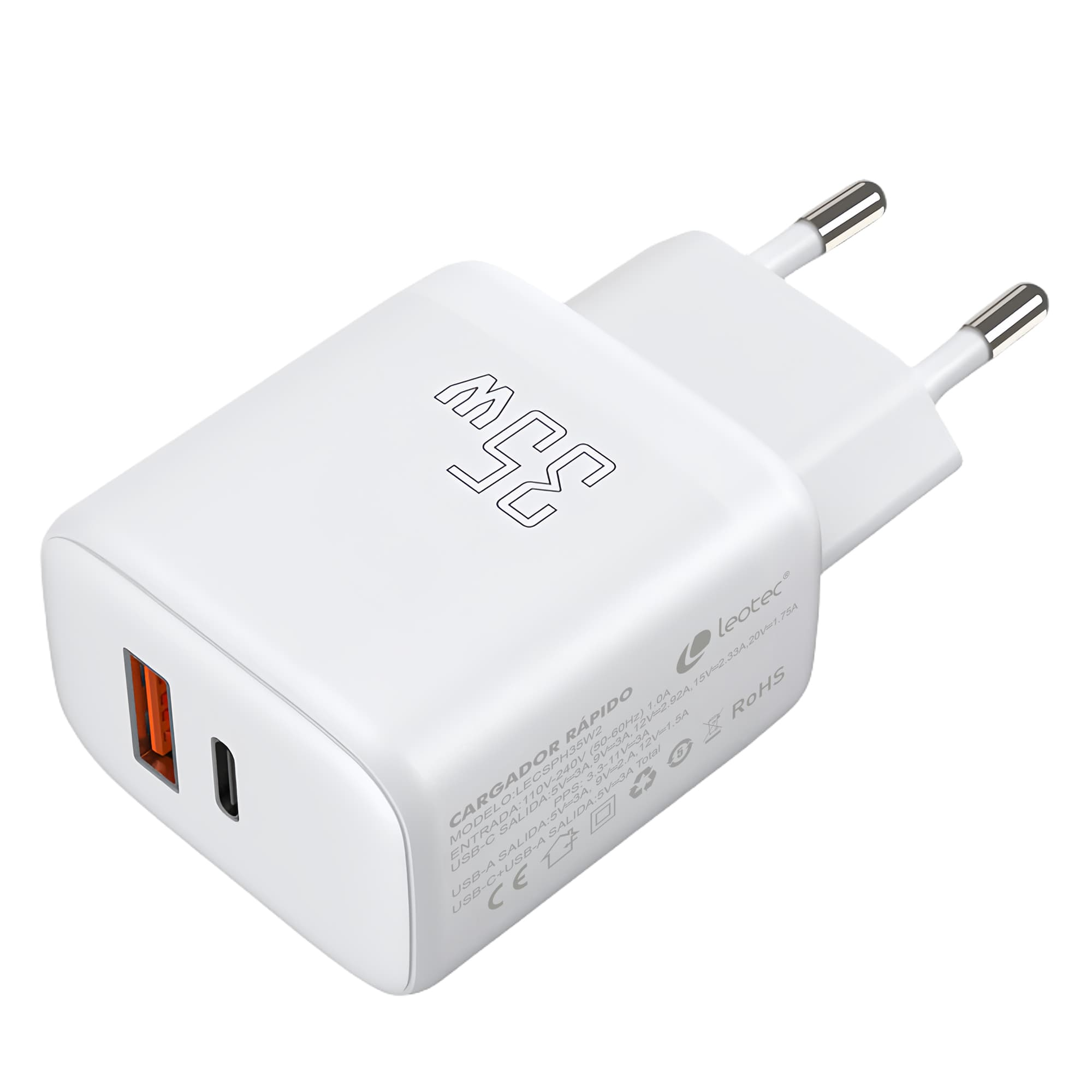 Cargador blanco con puerto USB-C y texto que muestra 35W de salida.