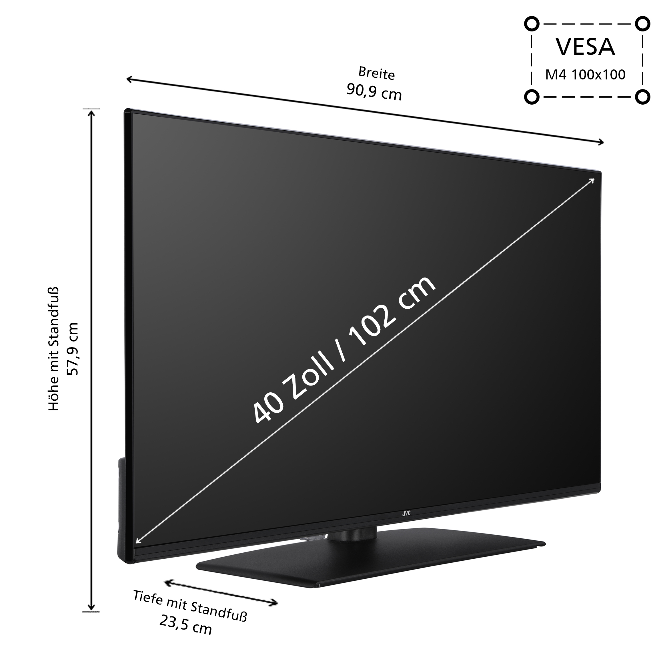 Ein schwarzer Fernseher auf einem Ständer. Die Abmessungen werden mit Messungen in cm und Zoll angezeigt.