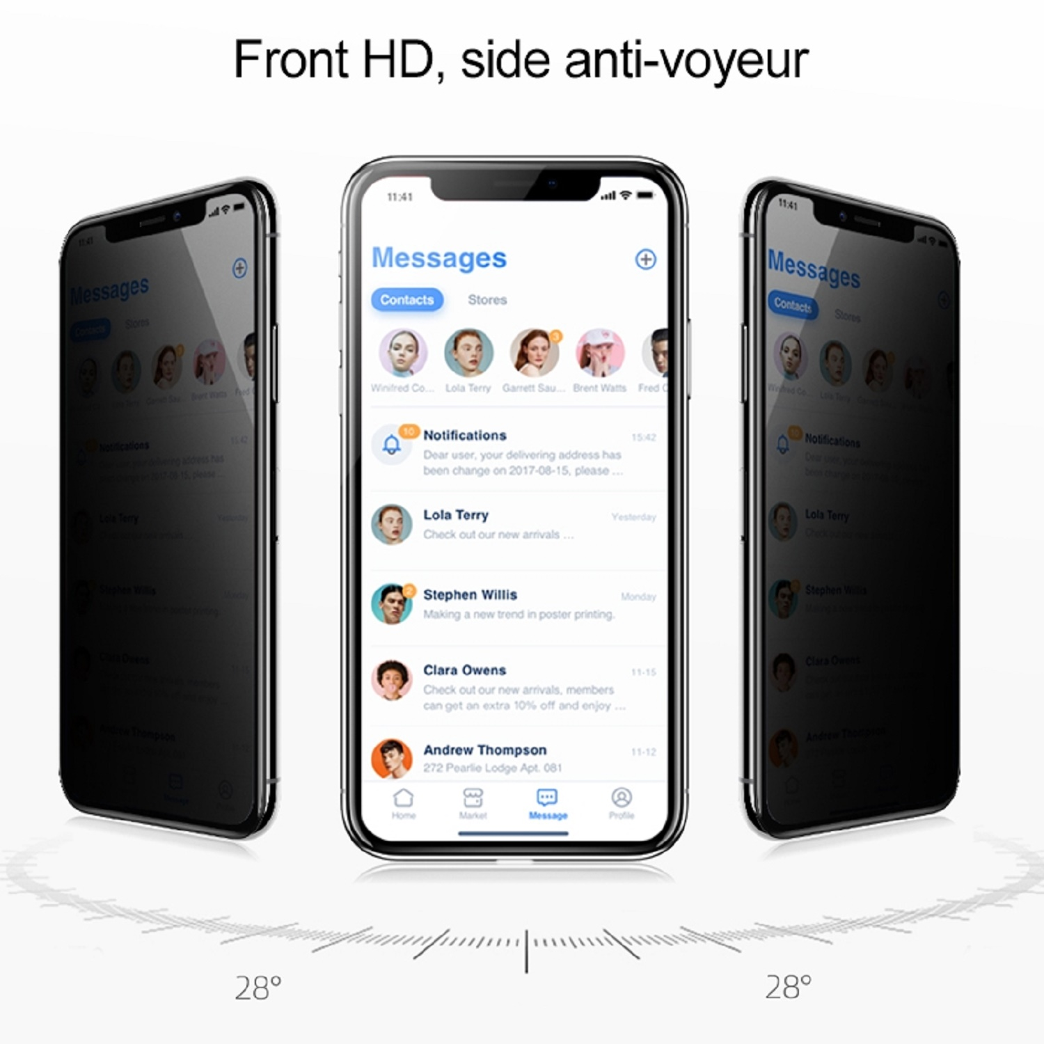 Drei Smartphones mit Nachrichten, mit Displayschutzfolie.