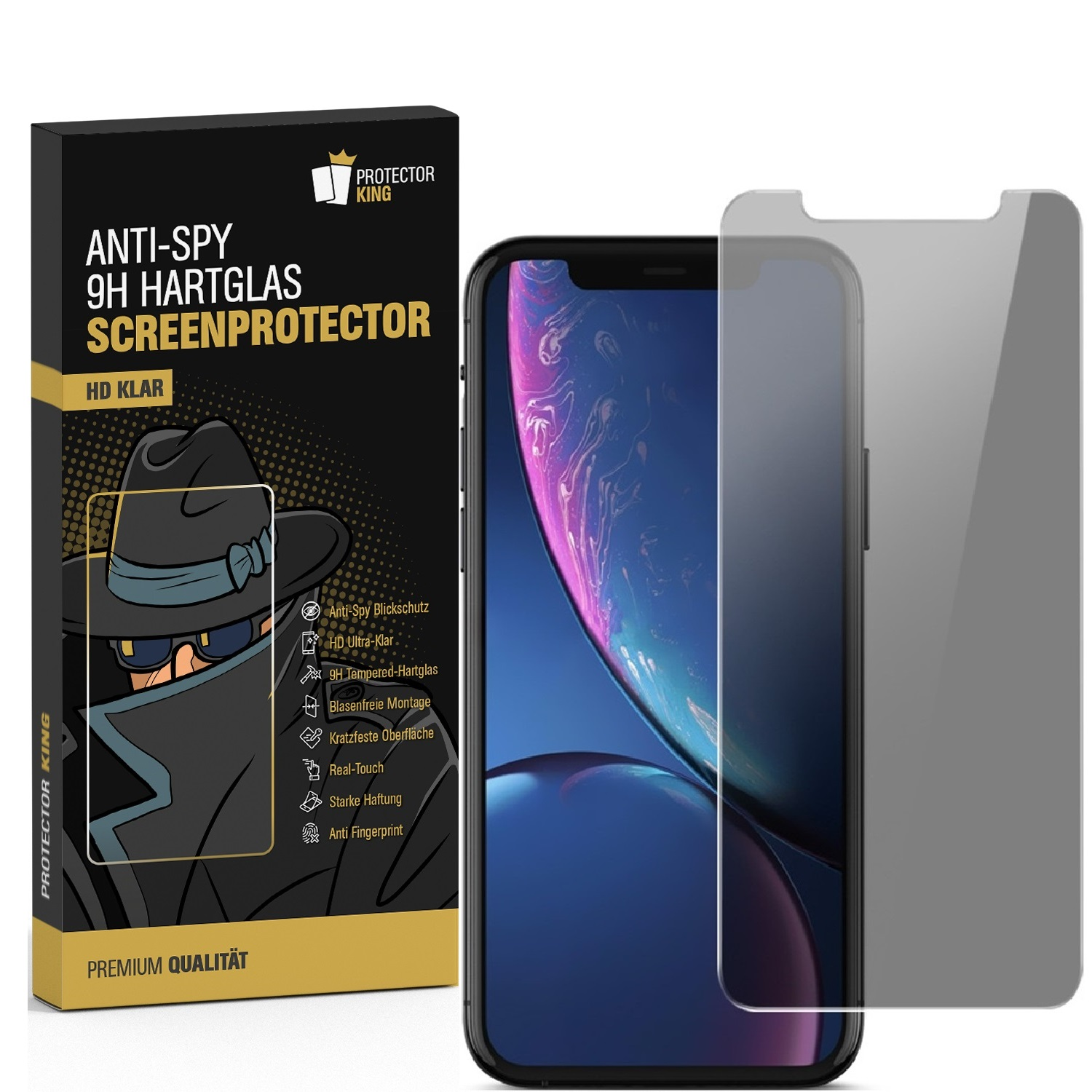 Telefon und Displayschutzbox. Das Telefon ist schwarz, mit angebrachtem Displayschutz. Die Box zeigt einen Cartoon-Spion.