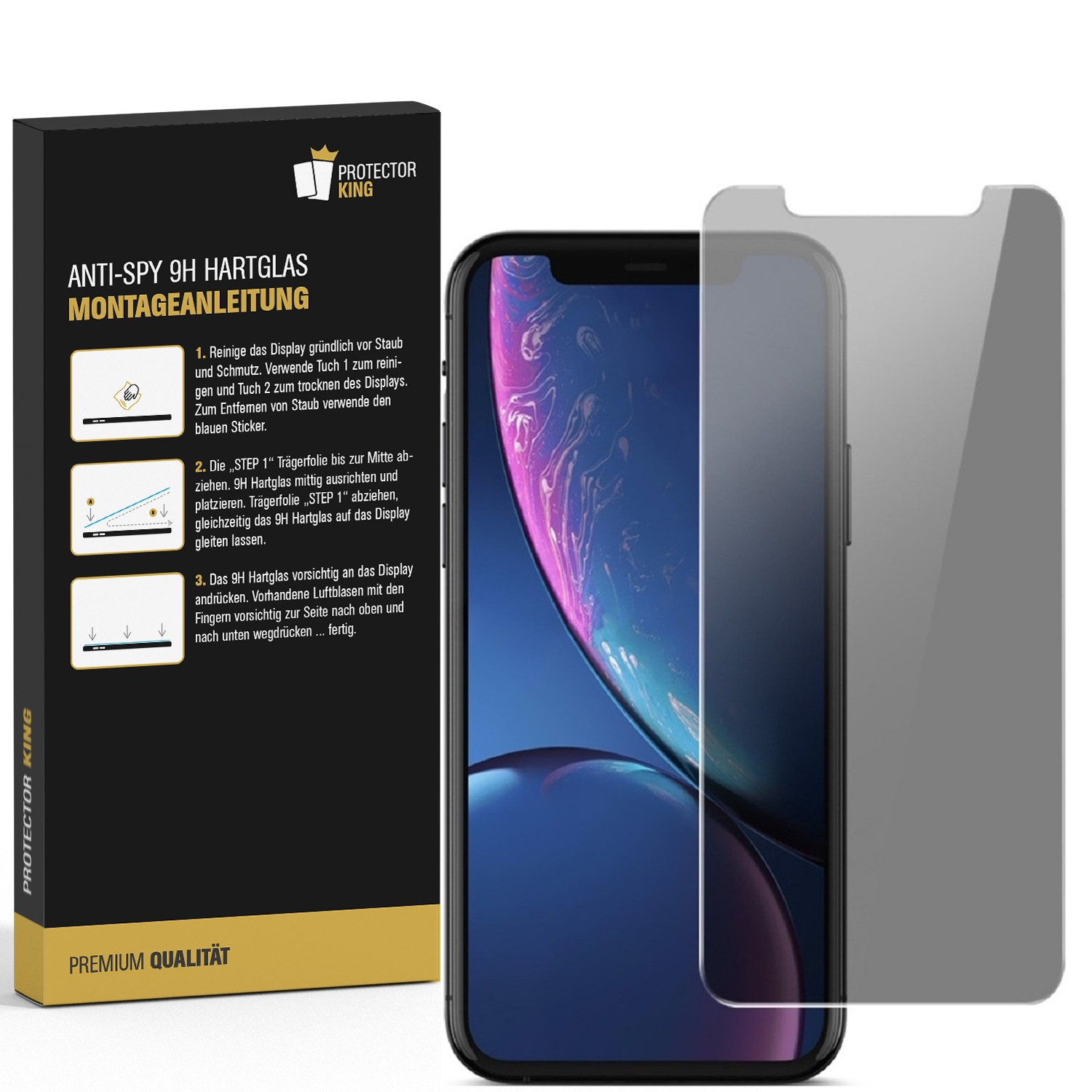 Box mit Telefon und Displayschutz. Anweisungen sind auf der Seite. Das Telefon hat eine Schutzfolie.