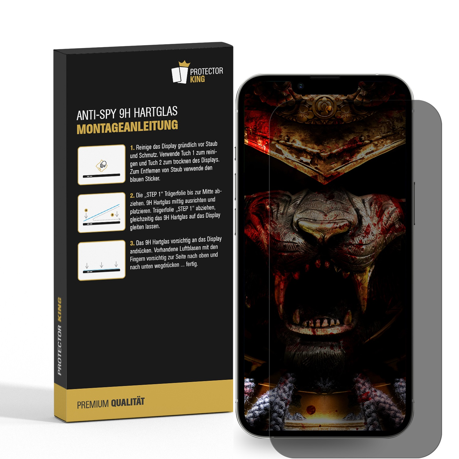 Smartphone mit Displayschutzfolienverpackung, zeigt ein Gesicht.