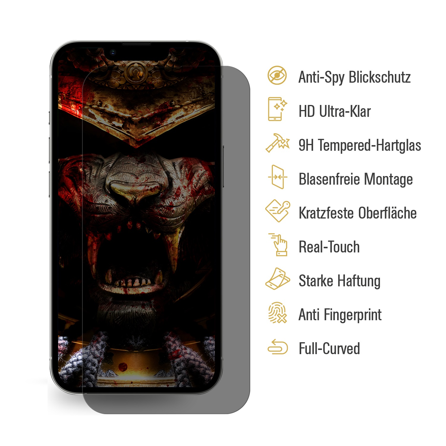Handy-Displayschutz mit Löwenillustration. Text zeigt Funktionen.