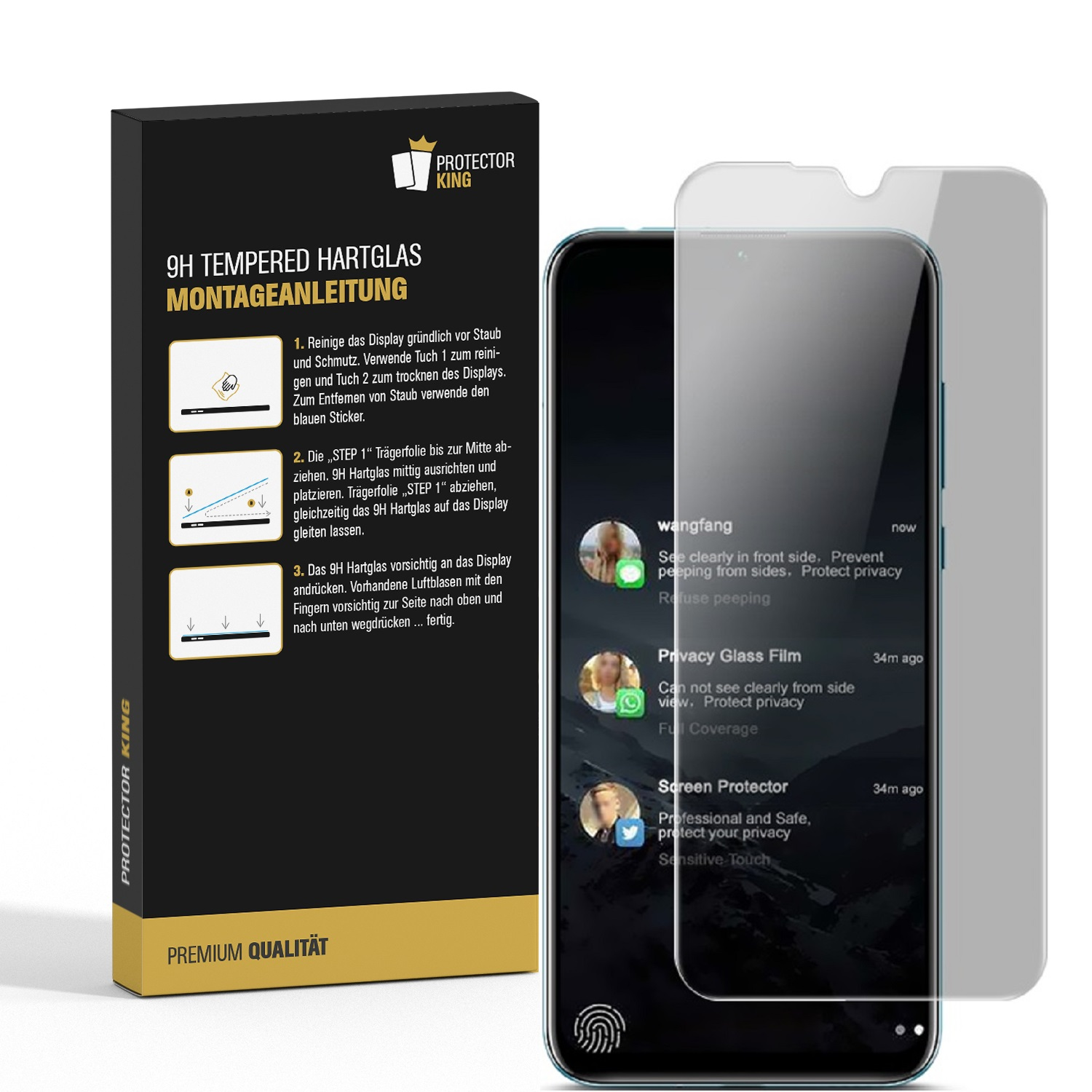 Telefon und Displayschutzfolien-Verpackung. Schutzfolie liegt neben dem Telefon. Text auf Deutsch.