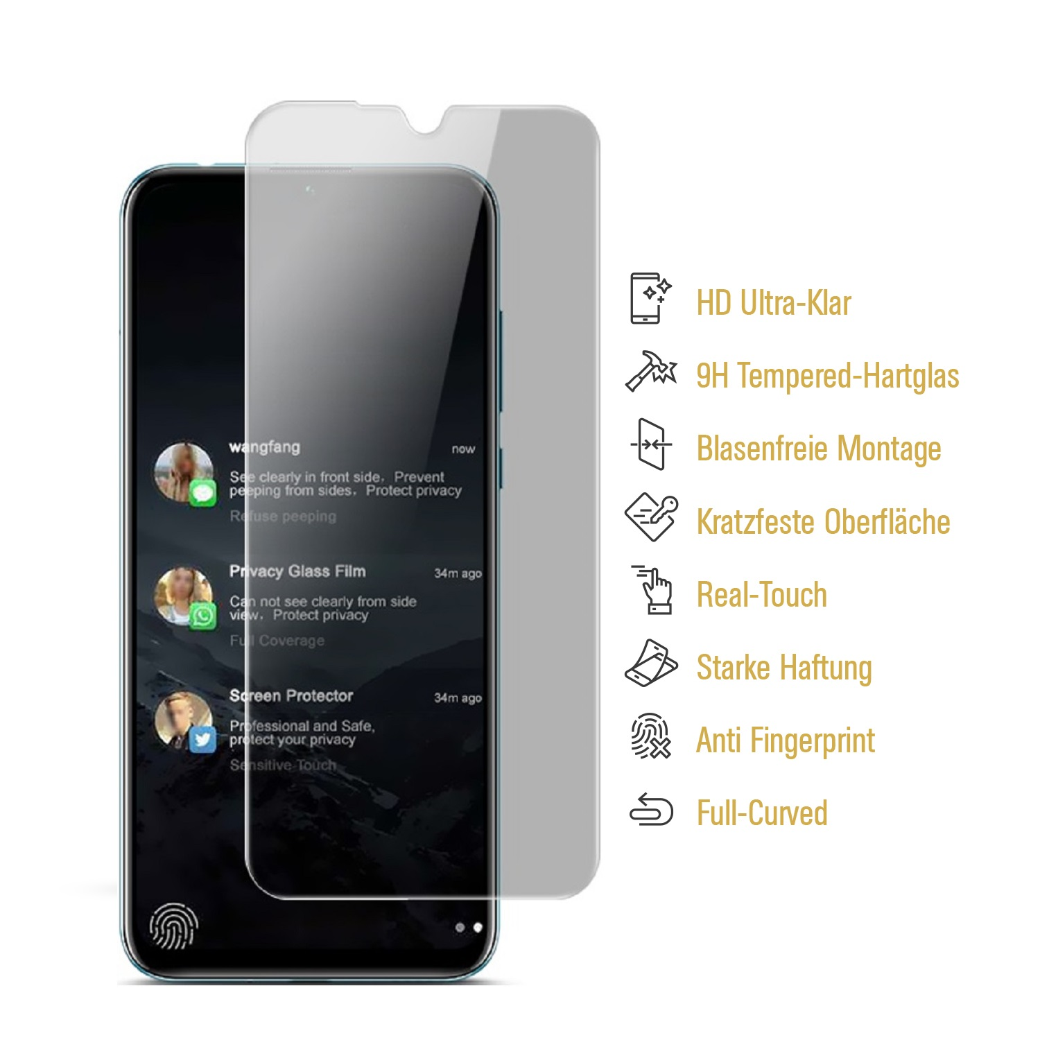 Smartphone mit aufgebrachter Displayschutzfolie, zeigt Textnachrichten und Symbole.
