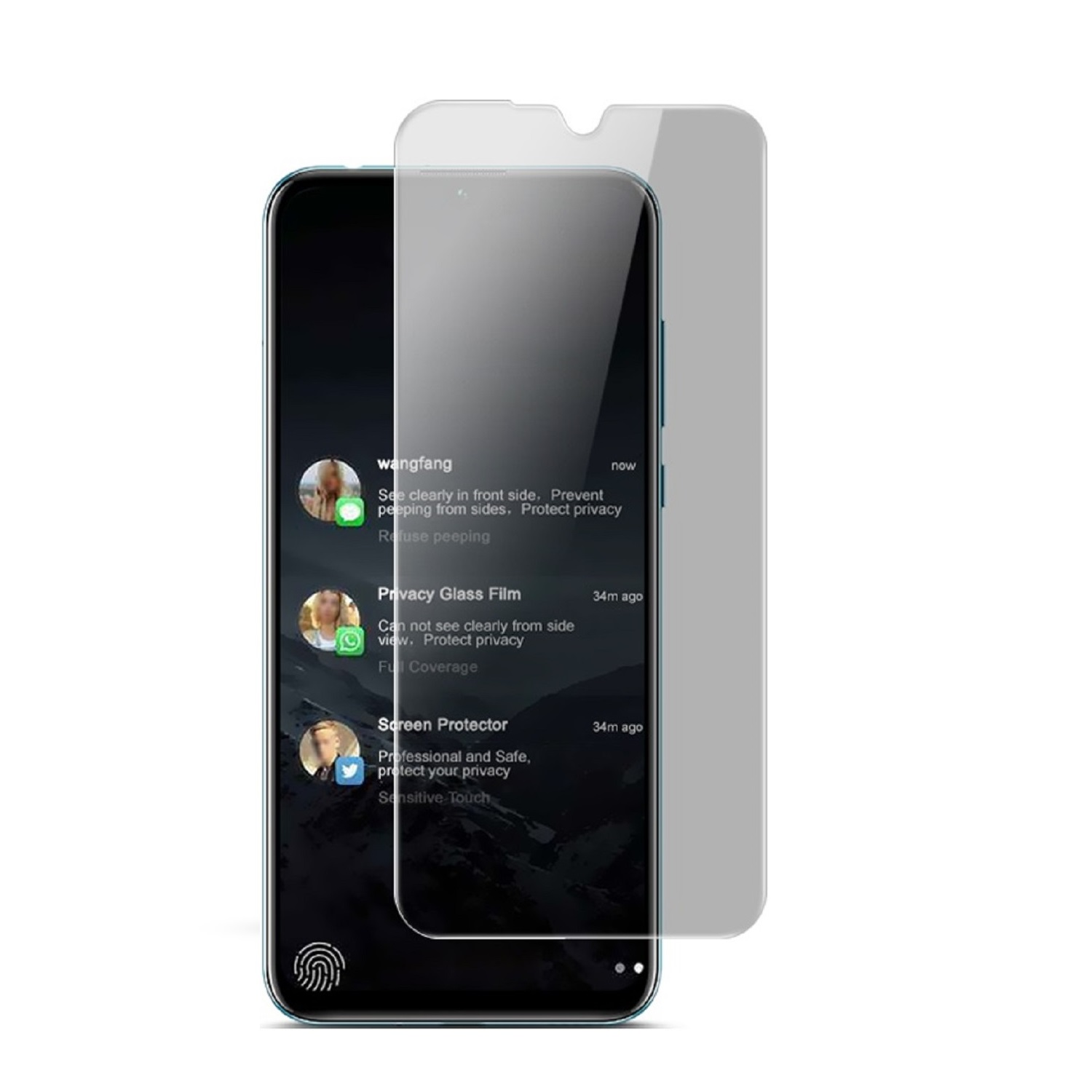 Smartphone mit angebrachtem Displayschutz. Textblasen zeigen Bedenken hinsichtlich der Privatsphäre. Der Schutz ist transparent.
