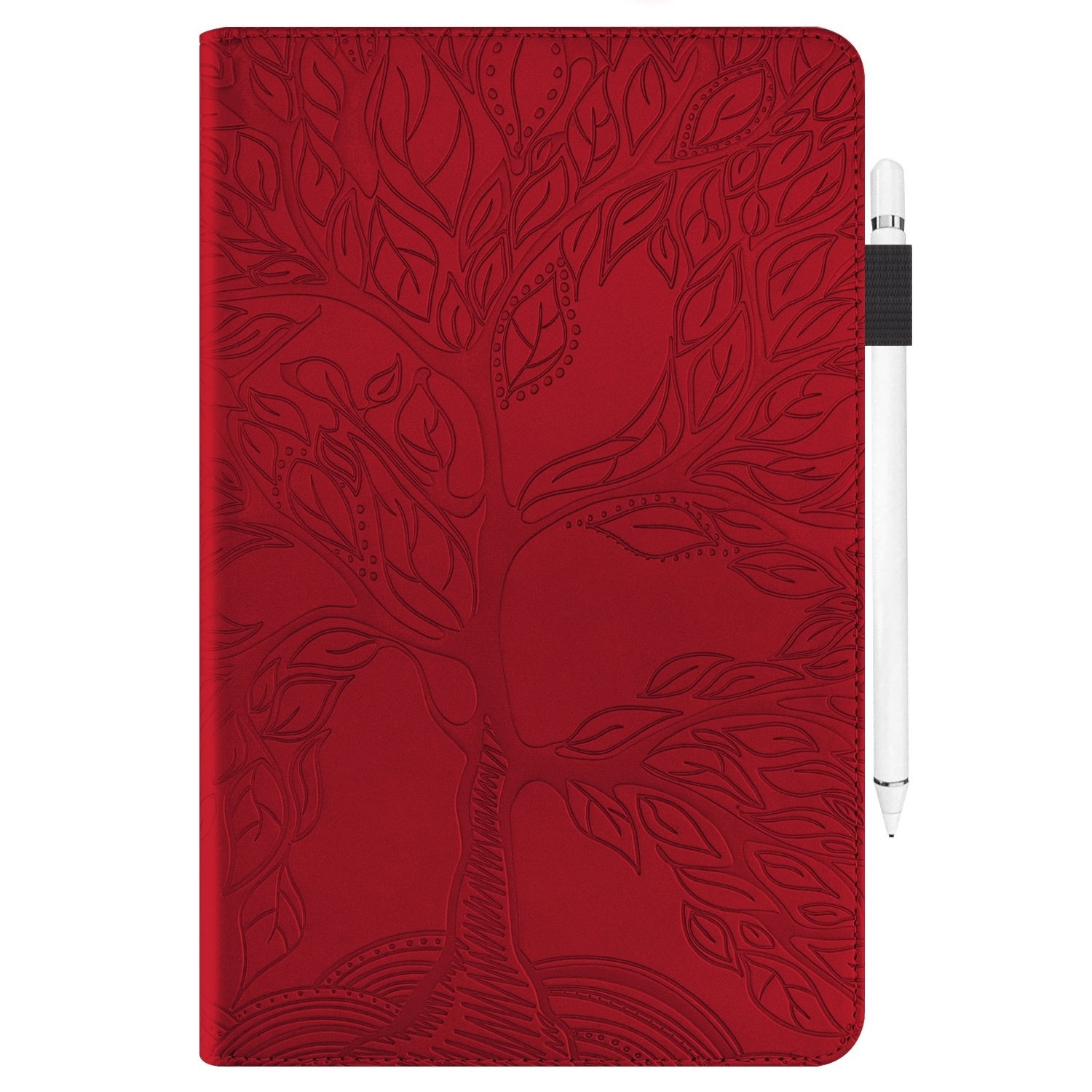 Funda de tableta de cuero rojo con diseño de árbol. Un lápiz óptico blanco está adjunto.
