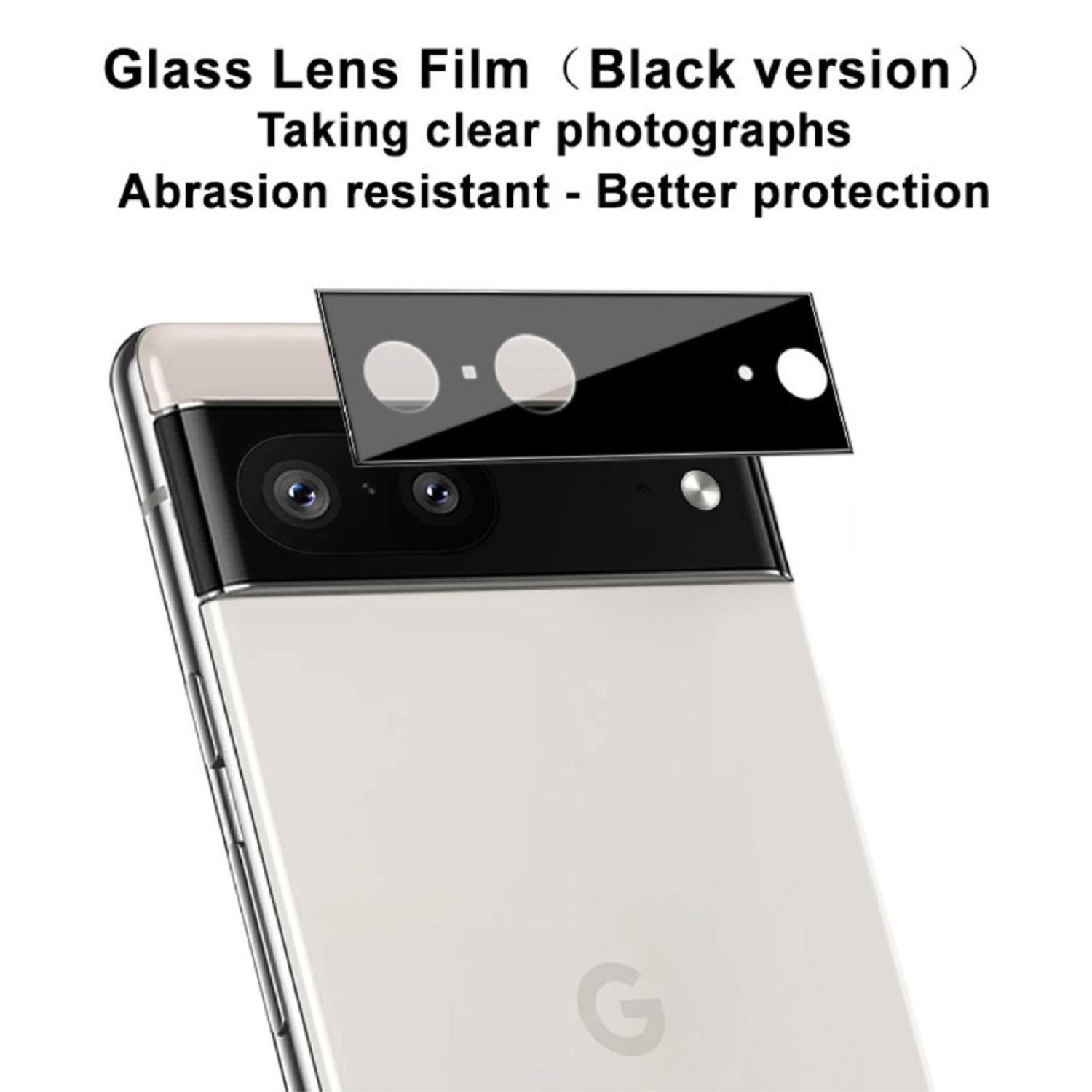 Schwarze Glaslinsenfolie auf weißem Handy. Text sagt, es macht klare Fotos.