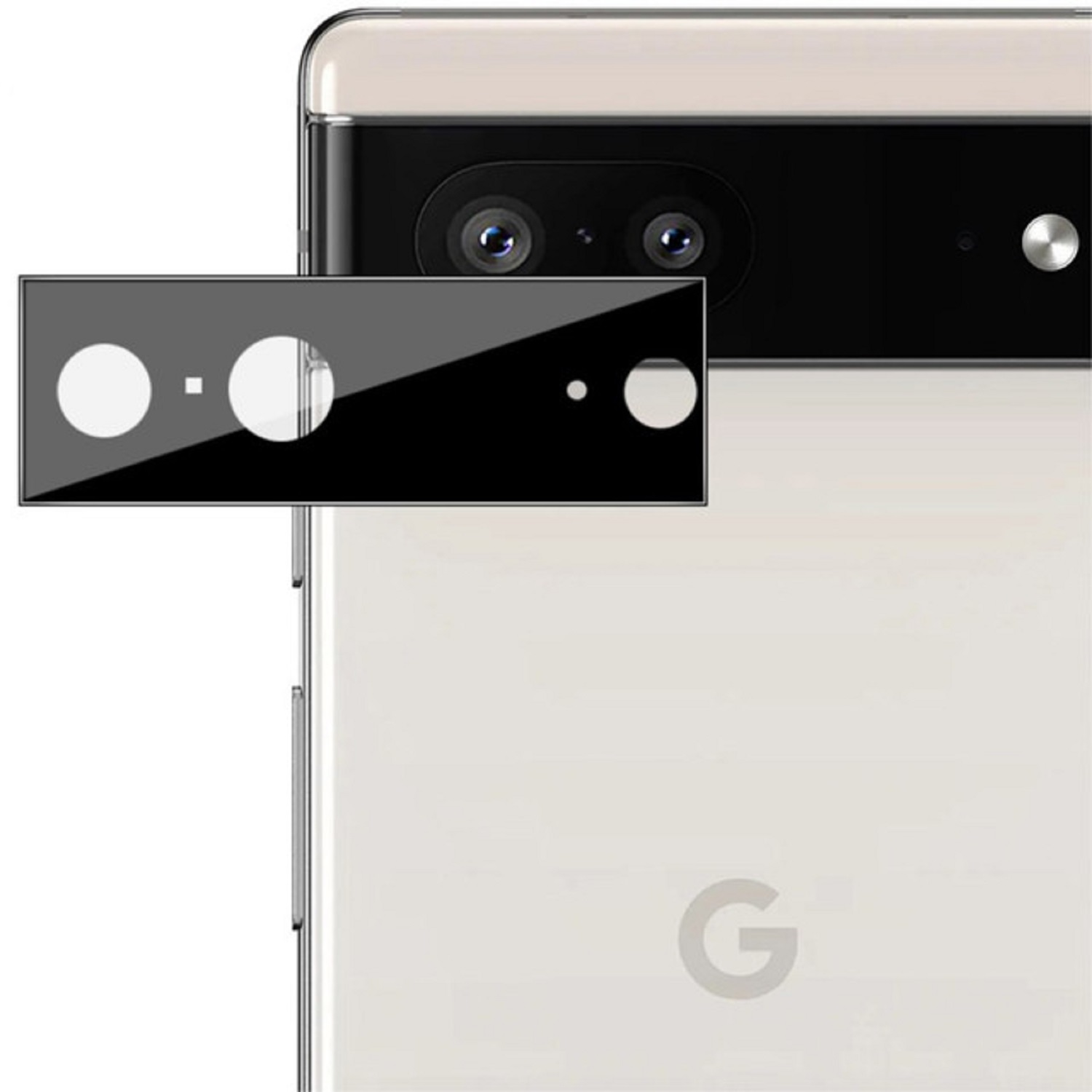 Ein schwarzer Kameralinsenschutz auf einem Telefon. Das Telefon hat eine weiße Rückseite mit Google-Logo.
