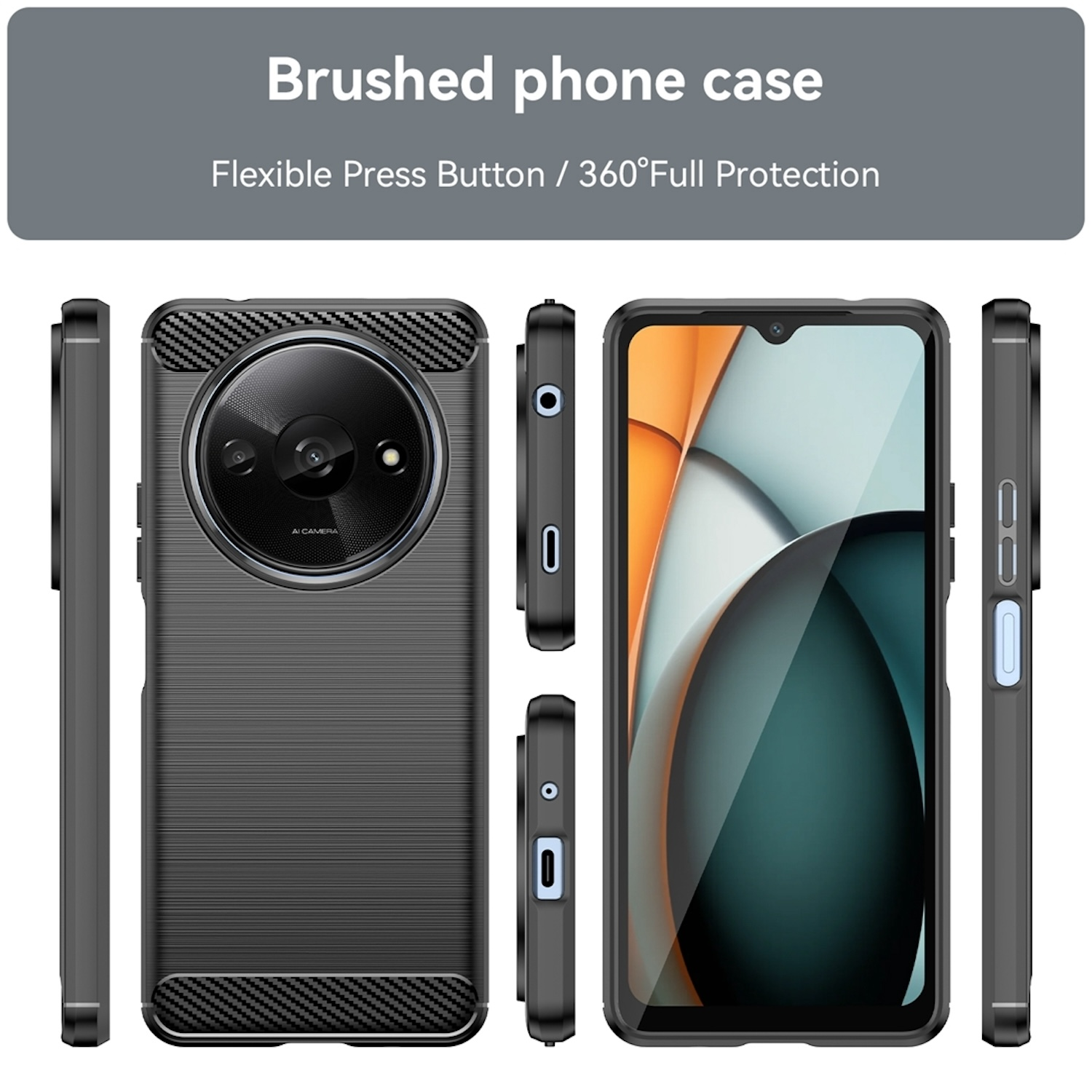 Funda negra para teléfono sobre fondo blanco. Muestra la parte delantera, trasera, laterales y detalles de la cámara.