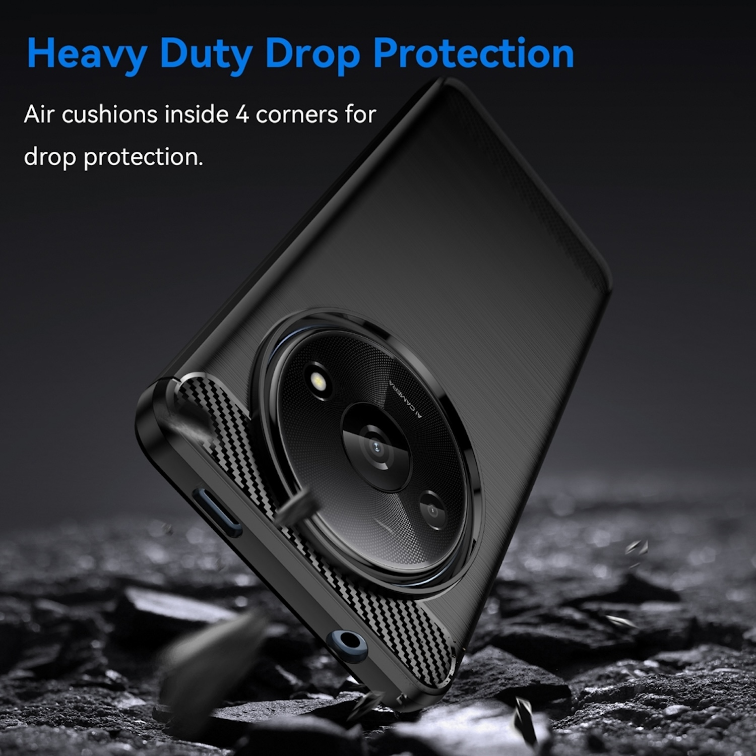 Funda negra para teléfono con recorte para la cámara. Texto: Protección contra caídas, cojines de aire en las esquinas.
