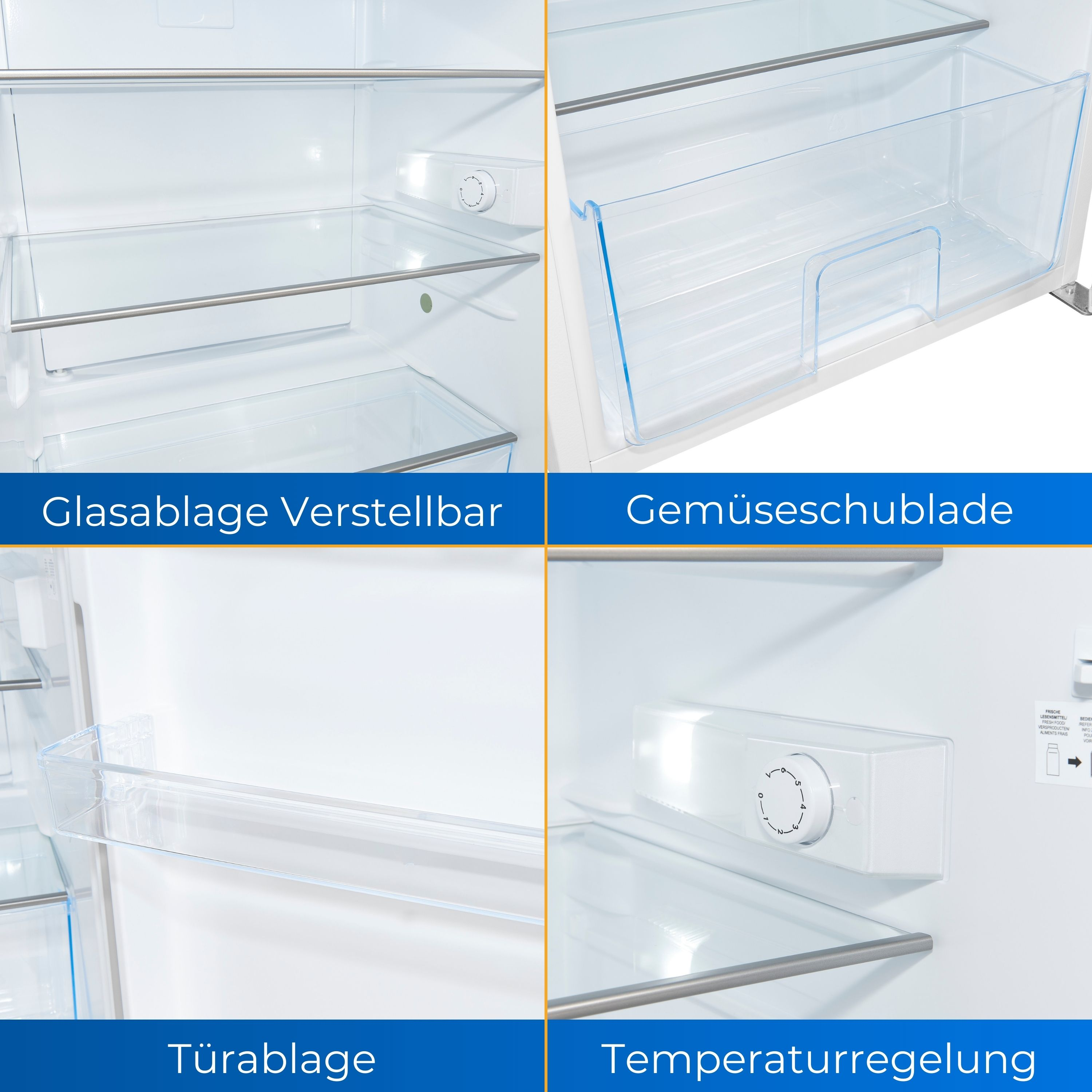 Kühlschrankinnenraum mit Regalen, Schubladen und Temperaturreglern. Abschnitte beschriftet: Glasablage, Gemüseschublade, Türablage, Temperaturregelung.