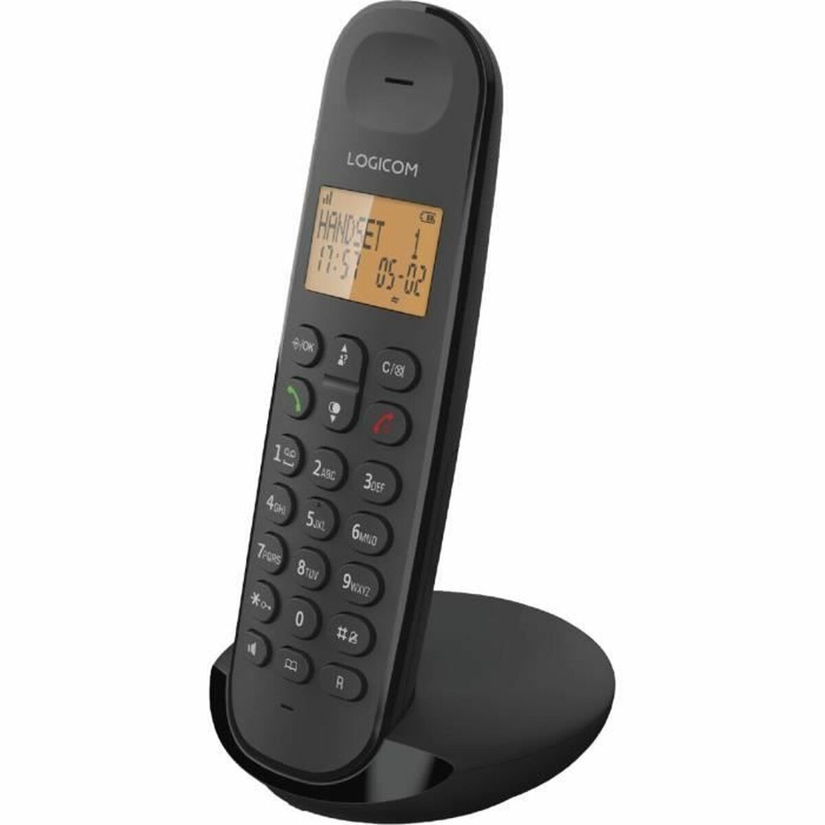 Un teléfono inalámbrico LOGICOM negro en una base de carga. La pantalla muestra el auricular y la hora.