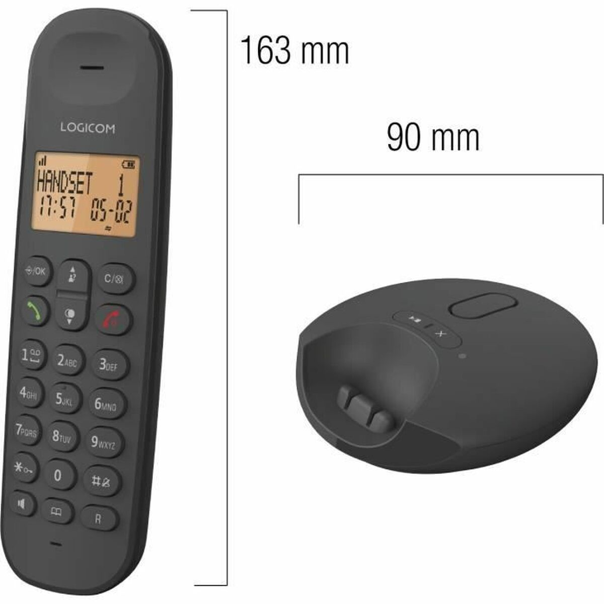 Un teléfono inalámbrico negro y su base. Las dimensiones son 163 mm x 90 mm. El teléfono tiene una pantalla y botones.