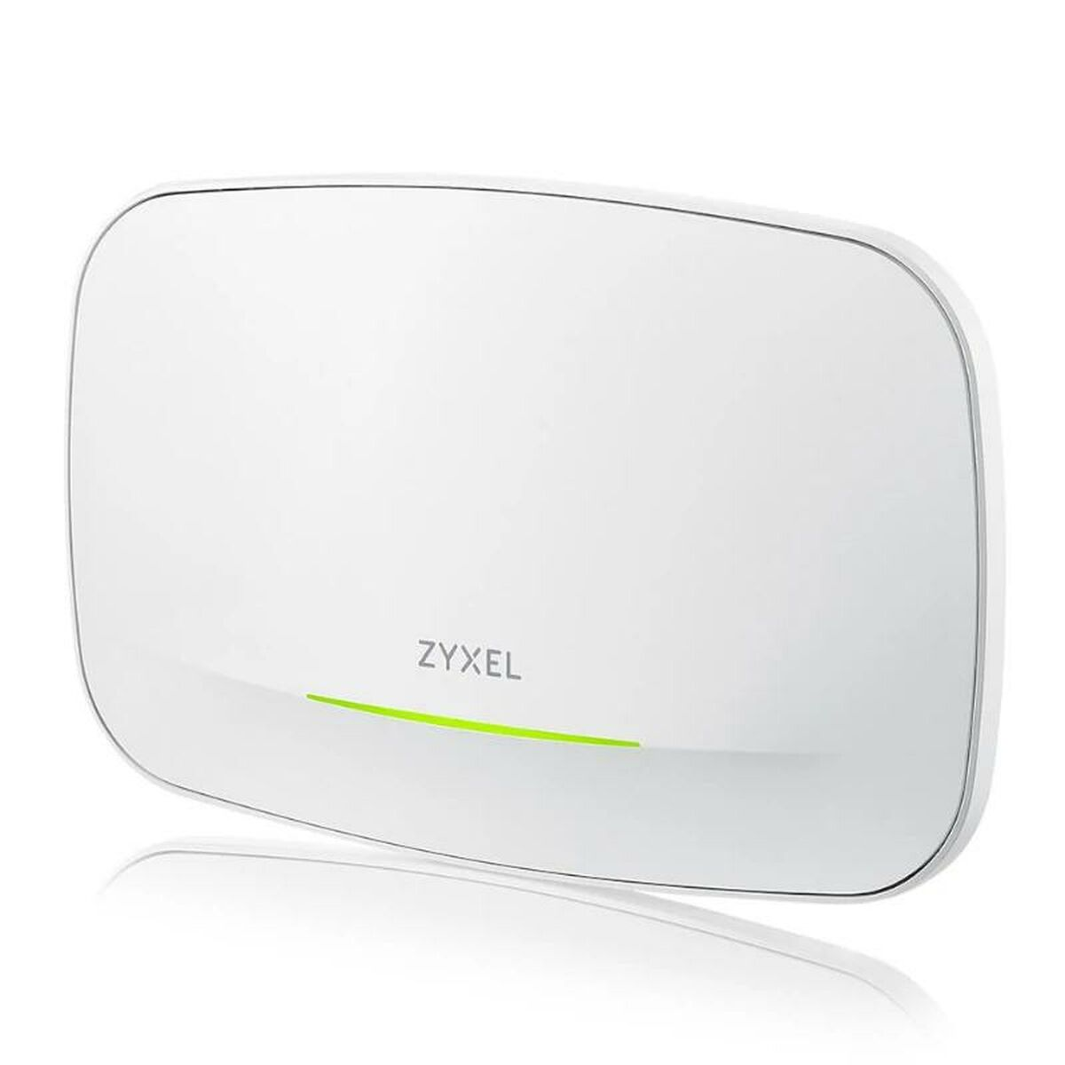 Biały router Zyxel. Minimalistyczny design, zielone światło z przodu, na białej powierzchni, widoczne odbicie.