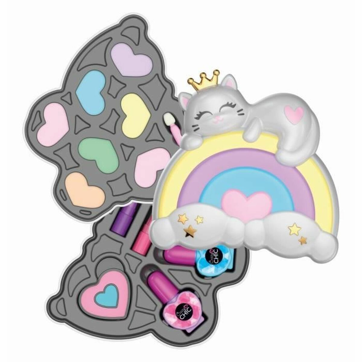 Make-up-Set mit einer niedlichen Katze auf einem Regenbogen und einer schmetterlingsförmigen Lidschattenpalette.