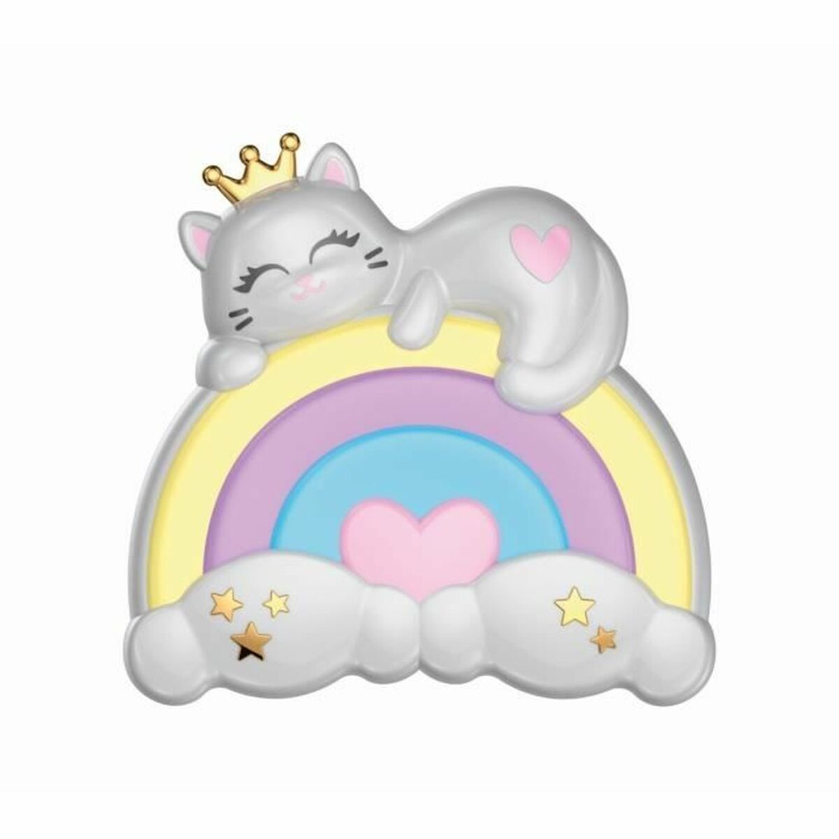 Eine niedliche Katze auf einem Regenbogen mit Sternen und Wolken.