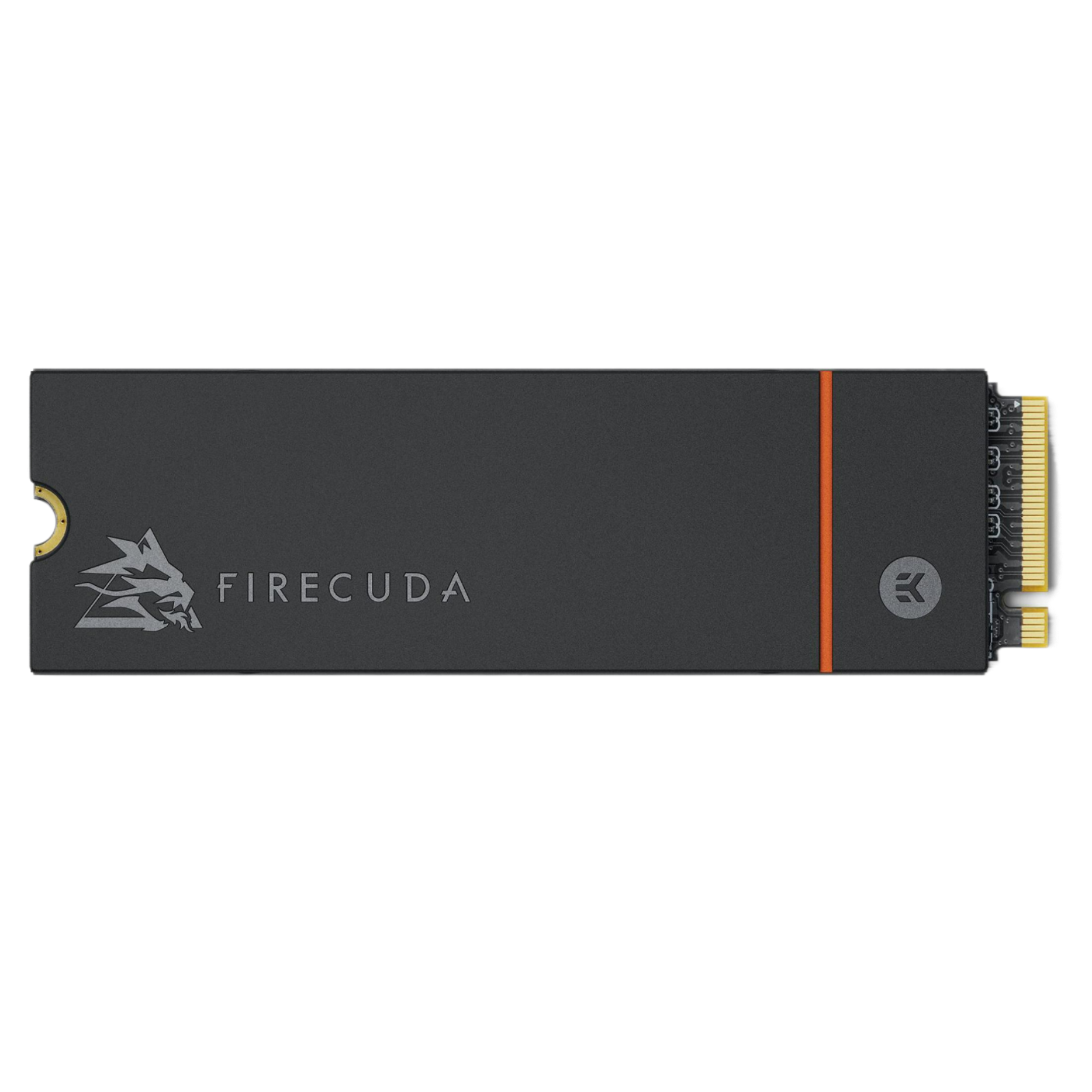 FireCuda SSD. Czarny z pomarańczowym paskiem. Złote złącze. Na białym tle.