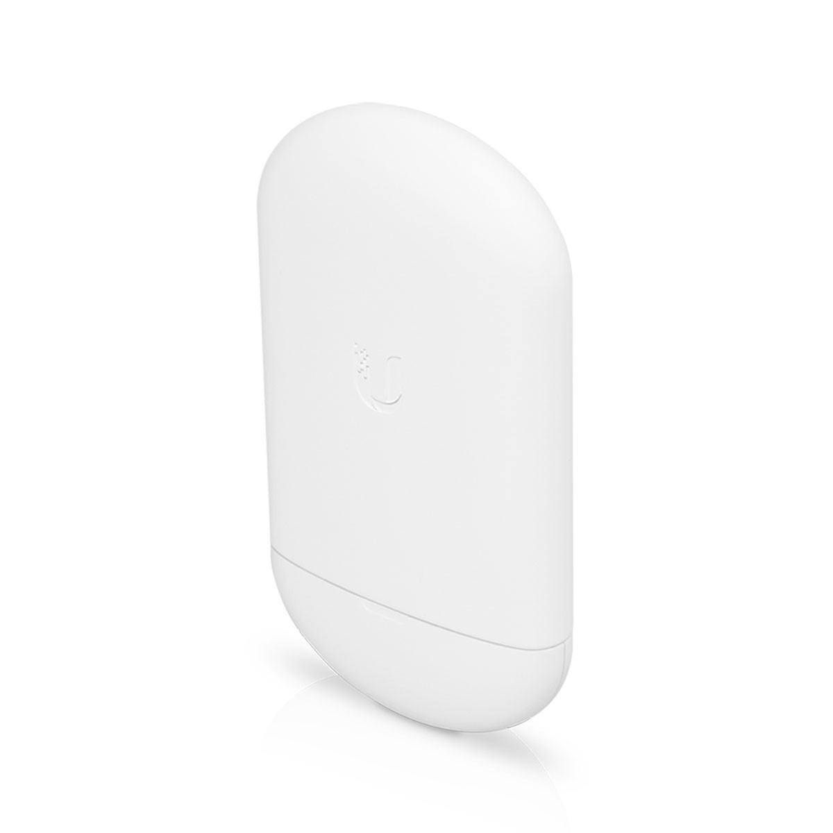 Ein weißer, oval geformter WLAN-Zugangspunkt. Es ist glatt und abgerundet mit einem dezenten Logo auf der Vorderseite.