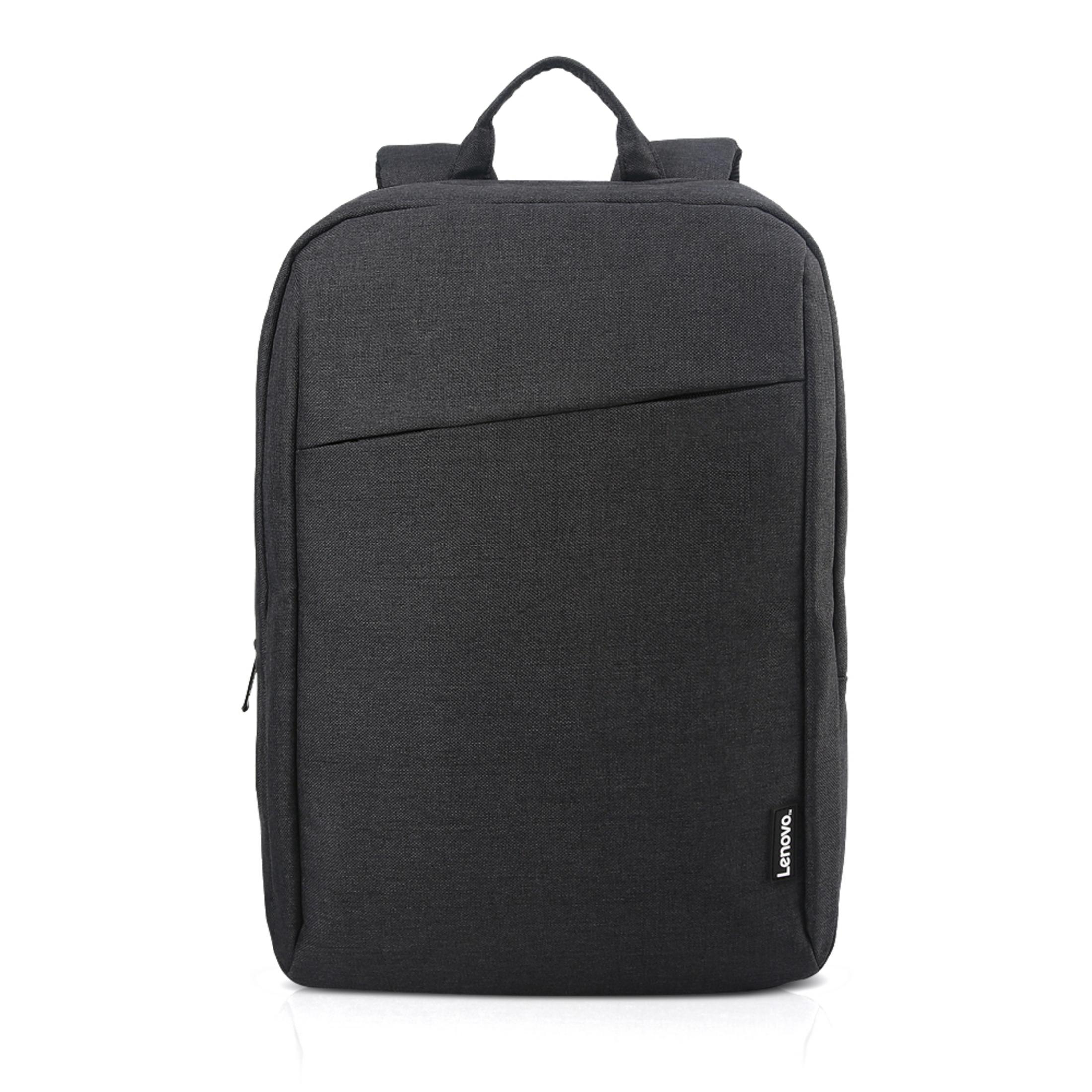 Schwarzer Lenovo-Rucksack mit Vordertasche. Lenovo-Logo unten rechts.
