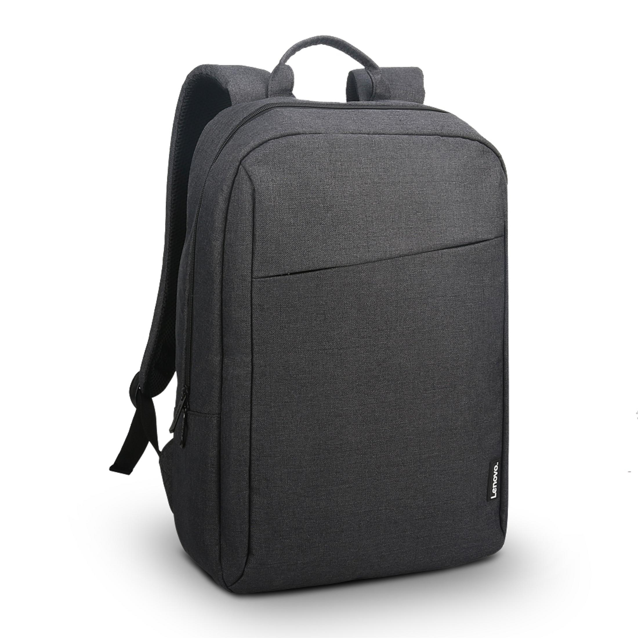 Ein grauer Lenovo-Rucksack mit einer einzigen Tasche auf der Vorderseite und einem Griff oben.