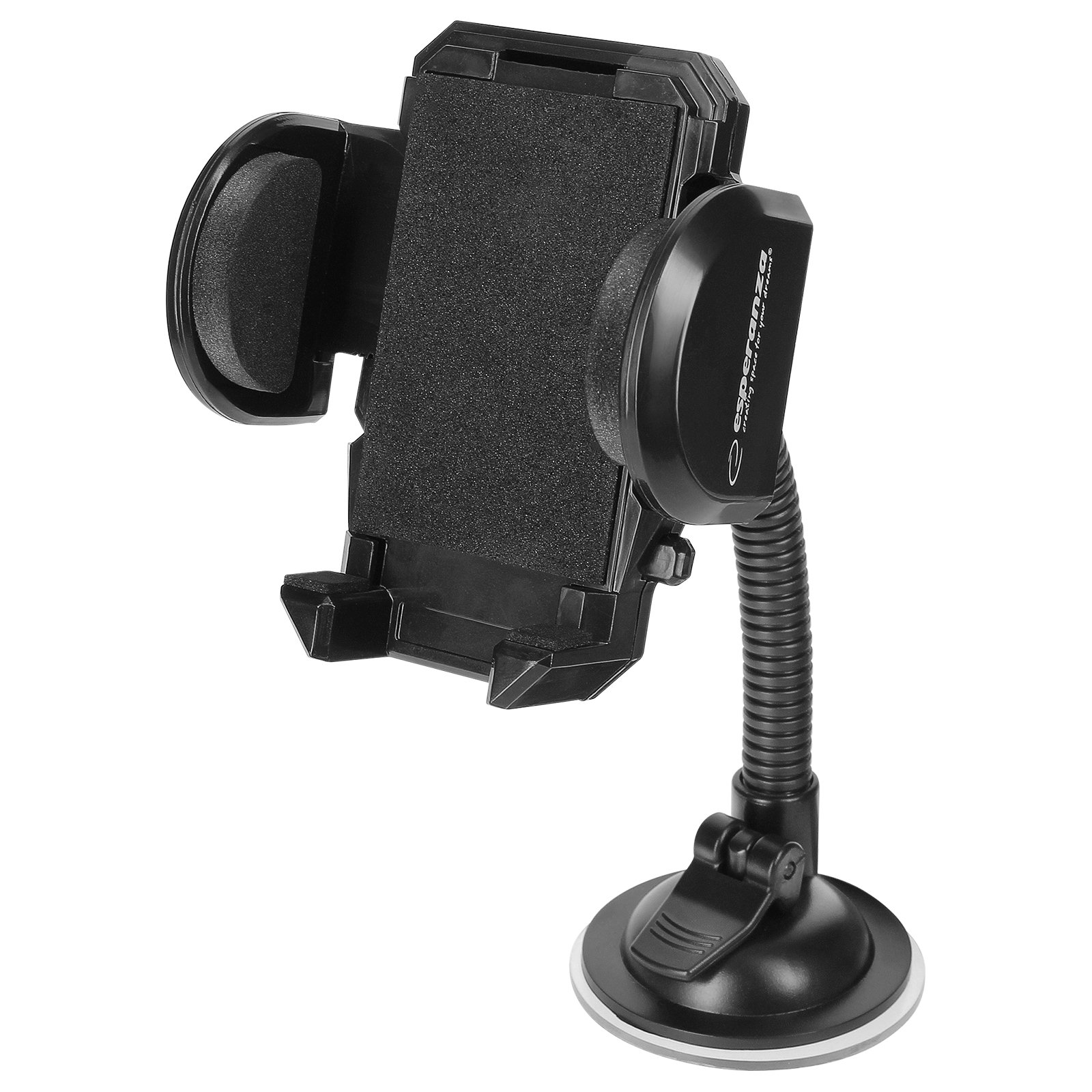 Supporto per telefono per auto nero con base a ventosa, braccio regolabile e presa per telefono, sfondo bianco.