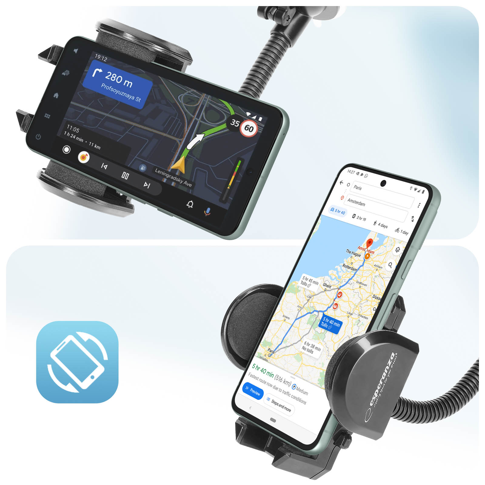 Due telefoni in supporti per auto mostrano app di navigazione. Uno mostra una mappa della città, l'altro le indicazioni.