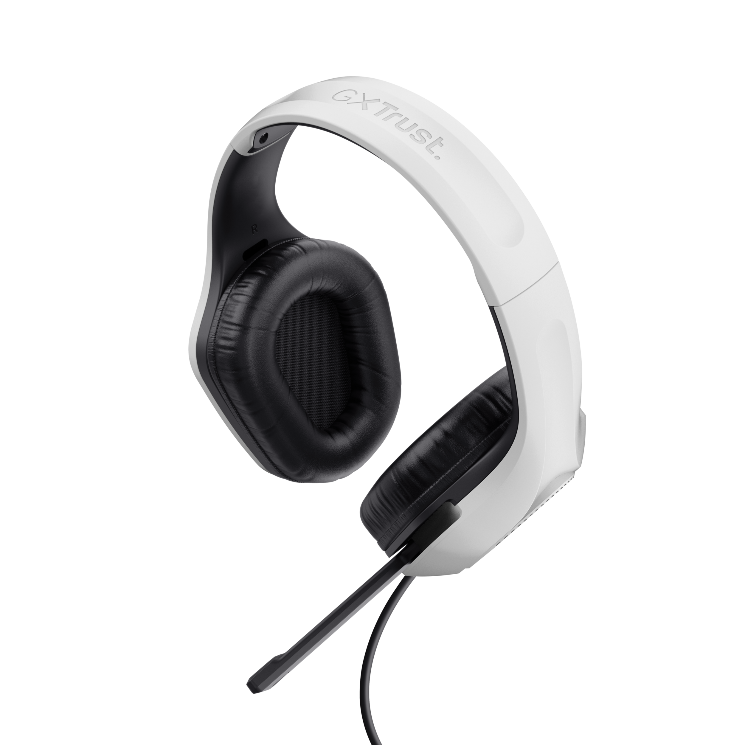 Casque de jeu blanc avec oreillettes noires et micro, sur fond noir. La marque est visible.