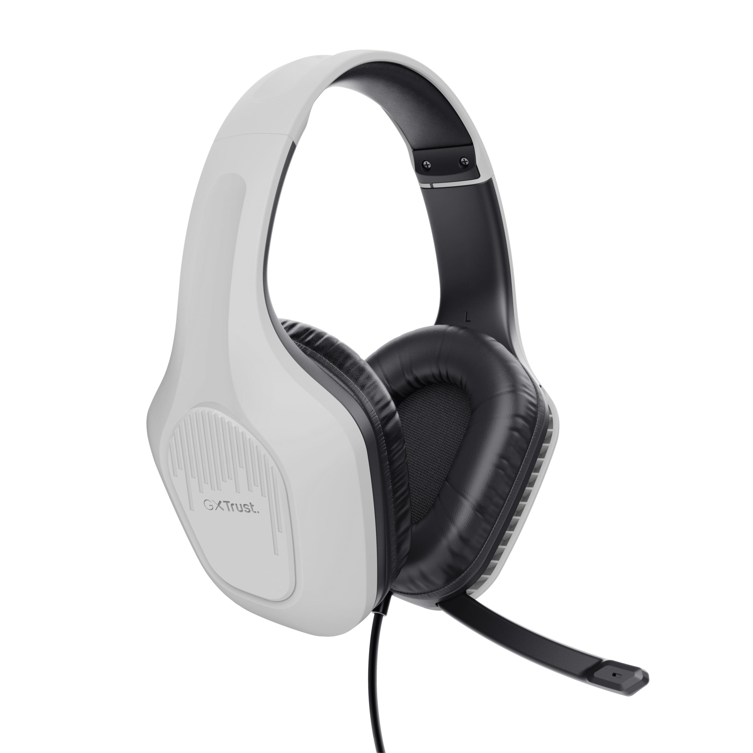 Casque de jeu blanc avec oreillettes noires, un microphone et un cordon noir.