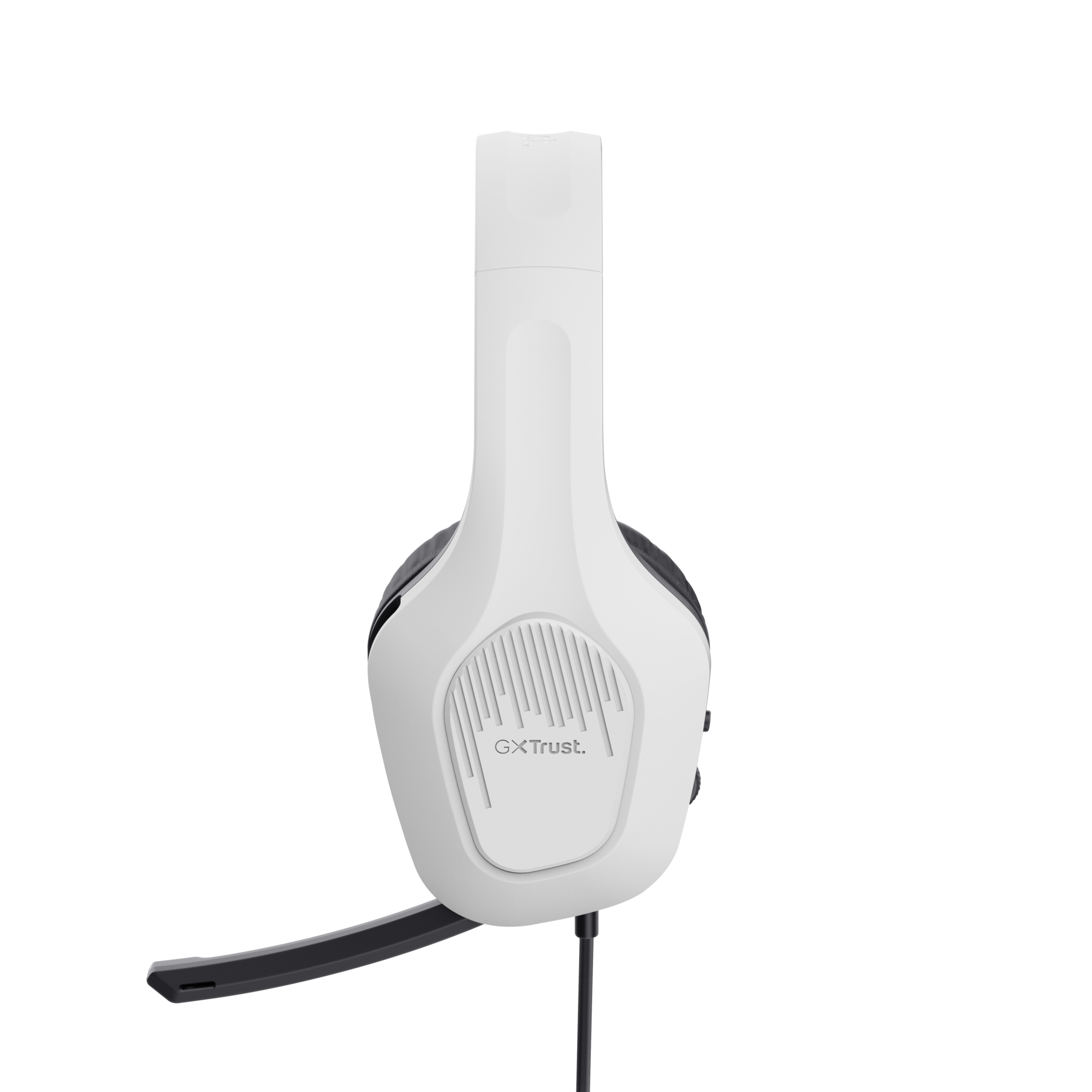 Casque blanc avec microphone, cordon noir et logo GXTrust sur le côté.